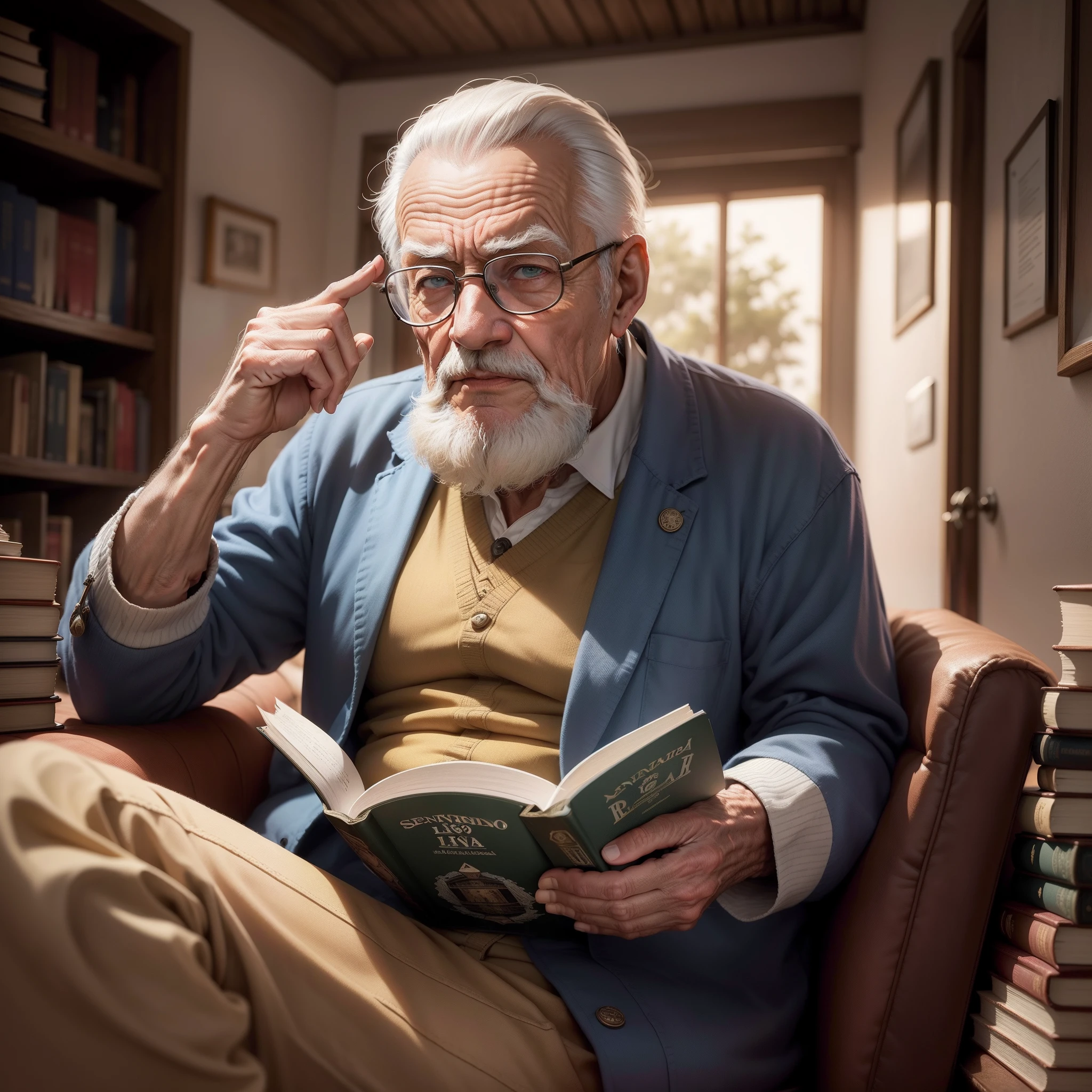 "(Old man with wise look, sentado em uma cadeira lendo um livro) em uma casa antiga e muito bonita." (Amo 1800 )4k