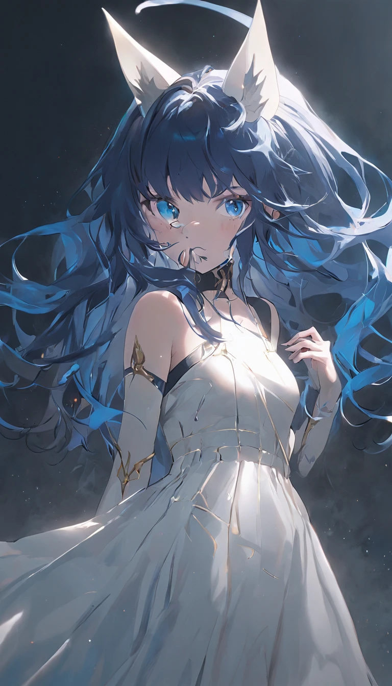 A girl with long blue hair in a white darkwave-style dress with golden details and a devil mask,Estilo Darkwave,retrato de medio cuerpo,centrado,HDR,8k,hiperrealista,hermoso estudio de luz suave,detalles vibrantes,Anatomical,elegante,foco nítido,Foto de estudio,tendencias en Artstation,hiper detallado,filtro polarizador
