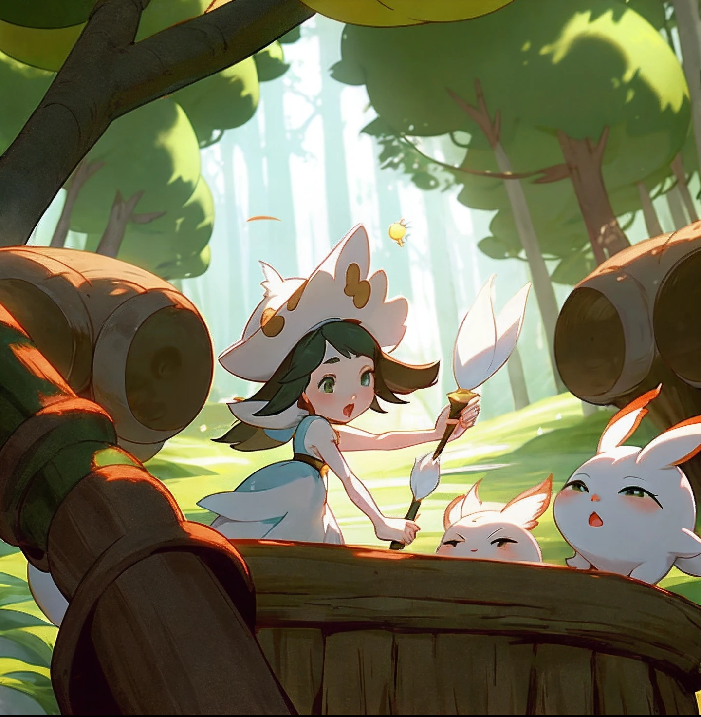 there is a cartoon picture of a woman with a white hat on, dreamworks animated bjork, animated film still, from bravely default ii, animation still screencap, a moogle in the legend of korra, lalafell, animated movie still, ori and the blind, in the croods movie style, fey queen of the summer forest