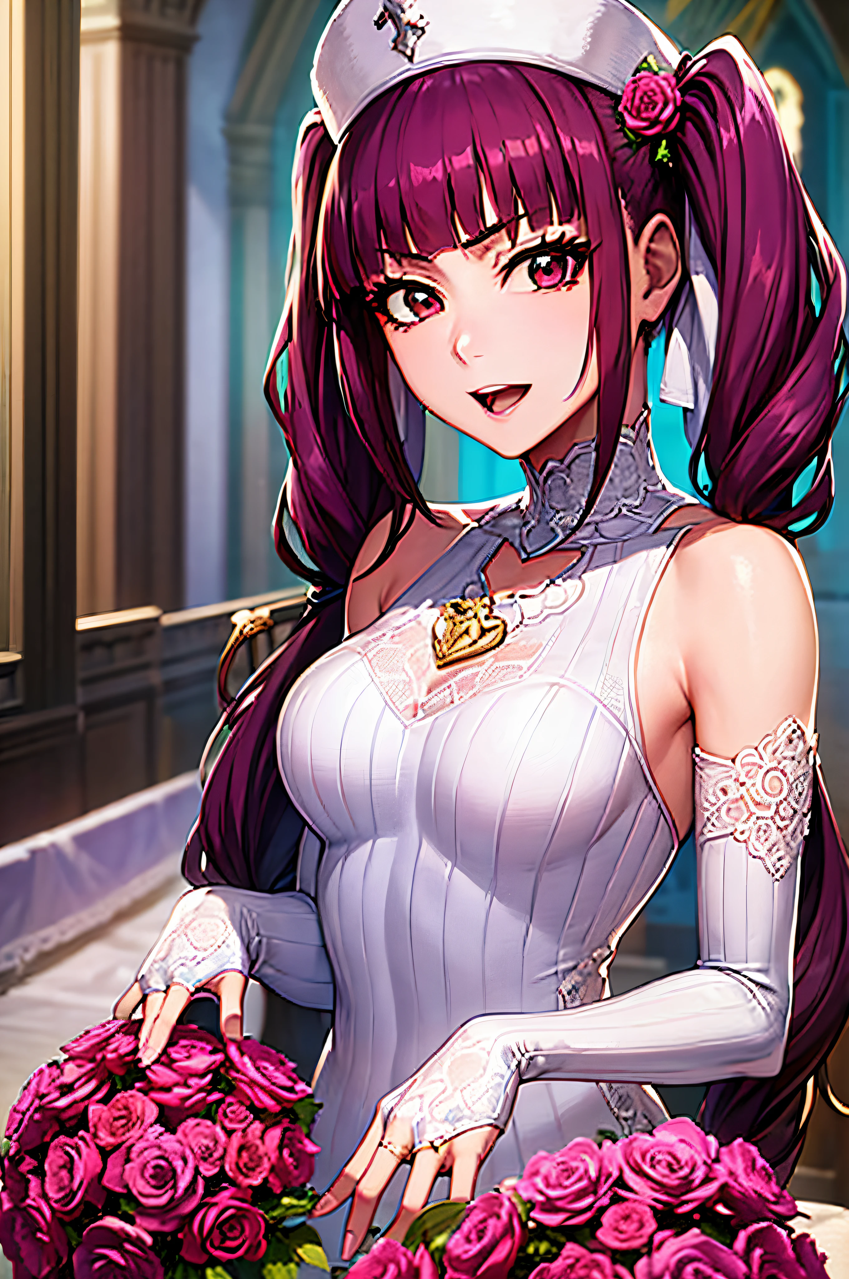 Riruka, a woman in her 20s, with intricately detailed eyes, detailed hands, with her hair put in twintails, radiating elegance in a stunning modern Wedding dress, standing inside a majestic church, exuding joy in her expression.