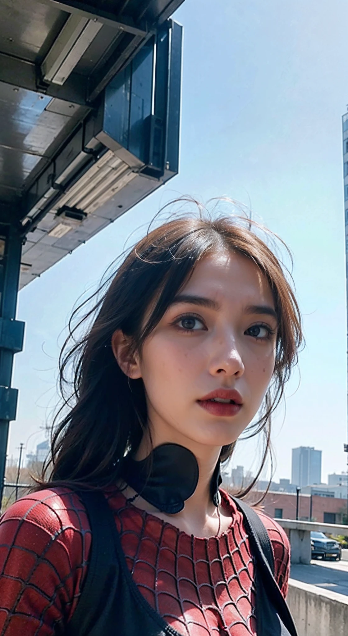 (1girl:1.3), solo, __body-parts__, official art, unified 8k wallpaper, super detailed, beautiful and aesthetic, beautiful, masterpiece, best quality, raw, masterpiece, super fine photo, best quality, super high resolution, photorealistic realism, sunlight, full body portrait, amazing beauty,, dynamic pose, delicate face, vibrant eyes, (from the front), she is wearing a Spider-man suit, red and black color scheme, spider, very detailed abandoned warehouse background, Detailed face, detailed complex busy background, messy, gorgeous, milky white, highly detailed skin, realistic skin details, visible pores, sharp focus, volumetric fog, 8k uhd, DSLR, high quality, film grain, fair skin, photo realism, lomography, huge metropolis in future dystopia, seen from below, translucent