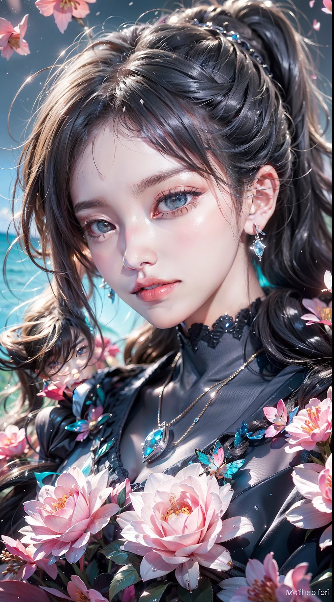 Garden covered with red roses in the background, Silver hair, front ponytail, eyes reflection, red contact lenses, Pink eyes,Heterochromia， Wear earrings, Blue crystal pendant，Evil smile, shairband，High detail, romanticism lain, Depth of field, Sparkle, Ray tracing, viewfinder, zoom layer, Close-up, Bokeh, Anatomically correct, High details, 1080p, Ultra HD
Woman，High ponytail，a sailor suit,Half out of the water，Get wet，Clothing water pattern detail，The expression is solemn，holding knives，Shiny blade detail depiction，reflective light，
Gorgeous and delicate glowing little butterfly hair ornament，brilliant colorful，Fine engraving，Shine brightly，The attention to detail，The jewelry is of excellent quality，Extremely high image quality