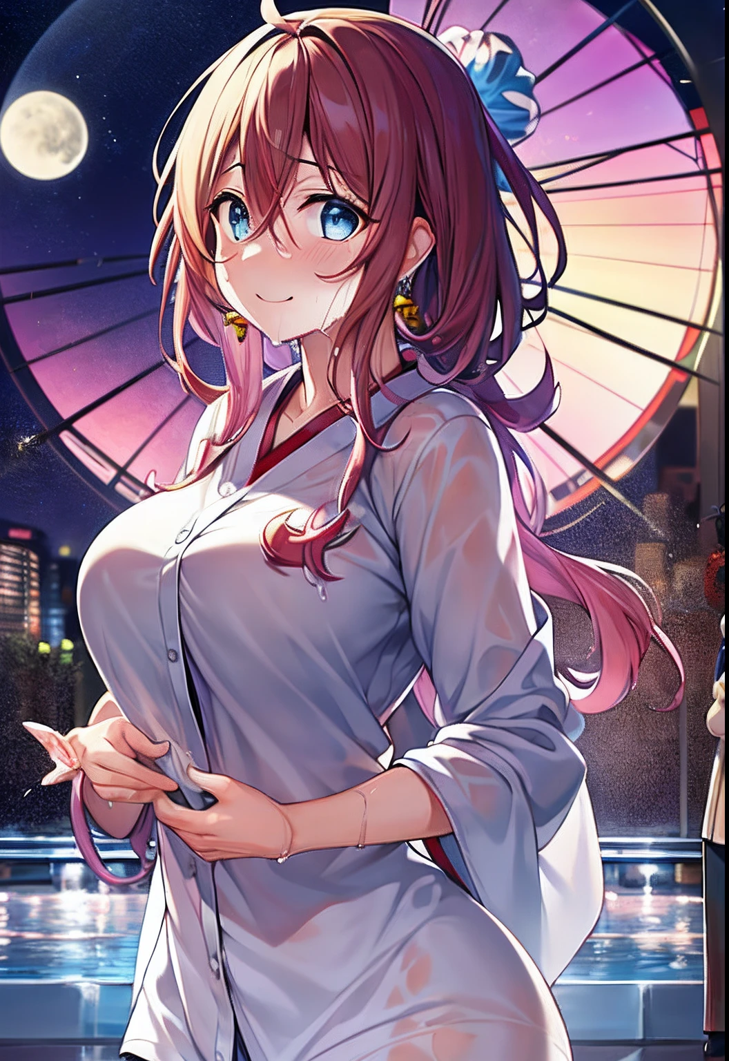top-quality、Highly detailed anime super detail、masterpiece、tre anatomically correct、Detailed hand、(Mother 1.6)、Crescent、skyrocket、mid night、8K、Upper line、Sweat profusely、Friendly face、Stuffiness、(Yukata figure:1.6)、Moisturizing skin、(Drenched body:1.3)、Detail Eye、NSFW、Best Earrings、Stuffiness、Yukata、Lustrous hair、A smile、Frontal view、