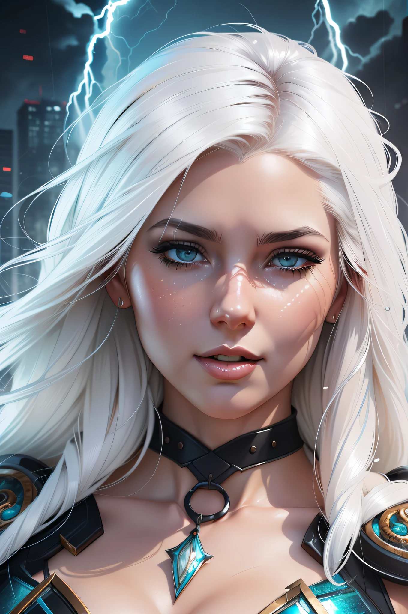 an ice goddess with white hair and lightnings arround her, nice perfect face with soft skinice perfect face, concept art portrait by greg rutkowski, artgerm, hyperdetailed intricately detailed gothic art trending on artstation triadic colors, fantastical, intricate detail, splash screen, complementary colors, fantasy concept art, 8k resolution, deviantart masterpiece, oil painting, heavy strokes,