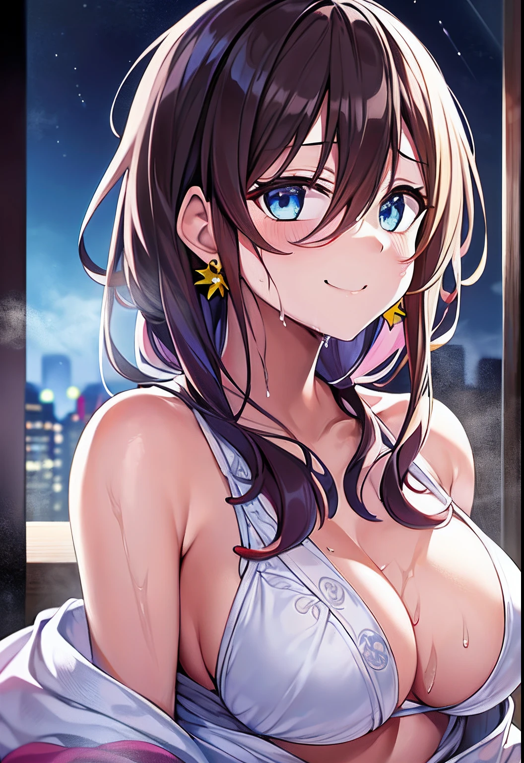 top-quality、Highly detailed anime super detail、masterpiece、tre anatomically correct、Detailed hand、(Mother 1.6)、Crescent、skyrocket、mid night、8K、Upper line、Sweat profusely、Friendly face、Stuffiness、(Yukata figure:1.6)、Moisturizing skin、(Drenched body:1.3)、Detail Eye、NSFW、Best Earrings、Stuffiness、Yukata、Lustrous hair、A smile、Frontal view、