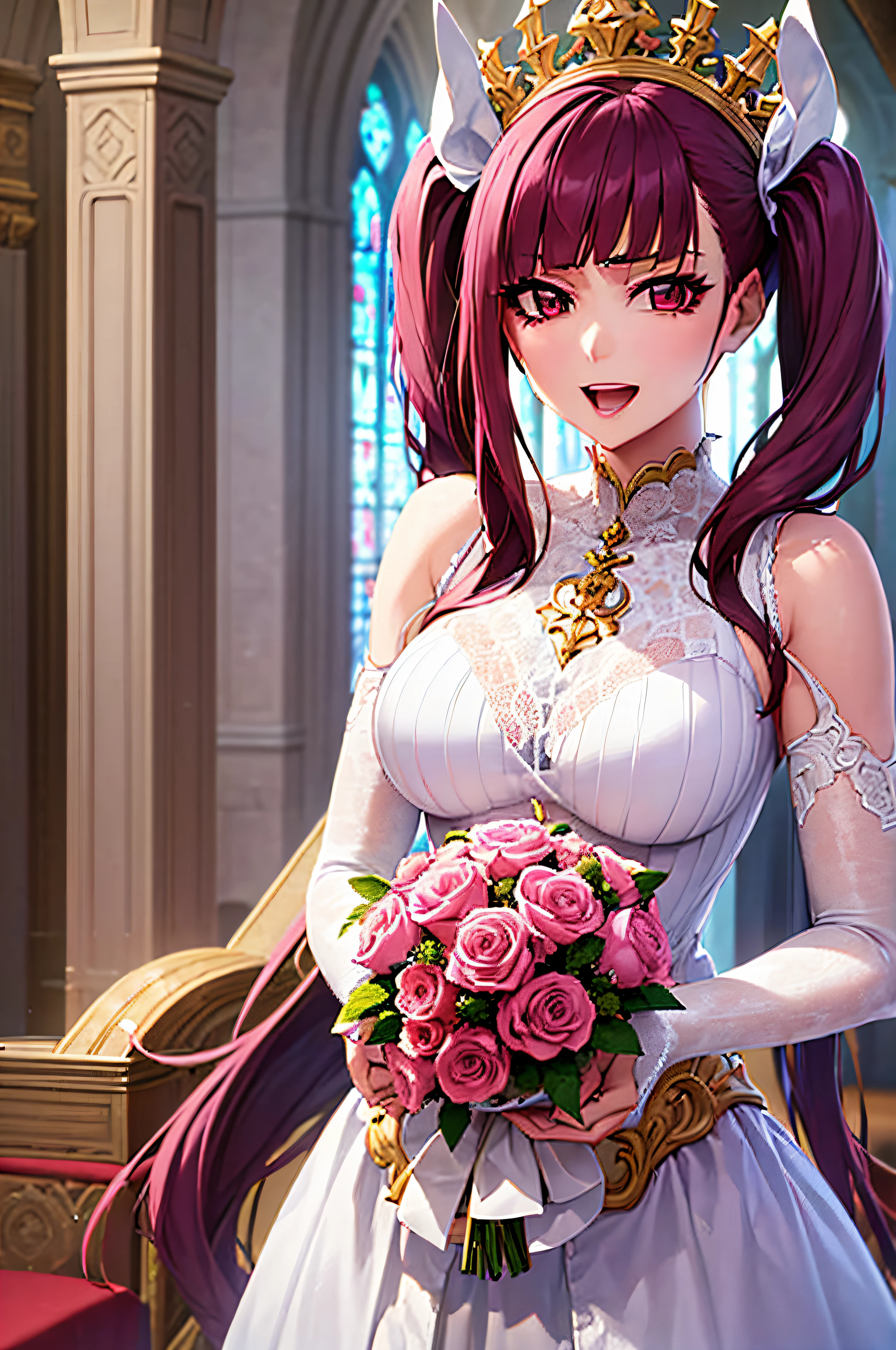 Riruka, a woman in her 20s, with intricately detailed eyes, detailed hands, with her hair put in twintails, radiating elegance in a stunning modern Wedding dress, standing inside a majestic church, exuding joy in her expression.