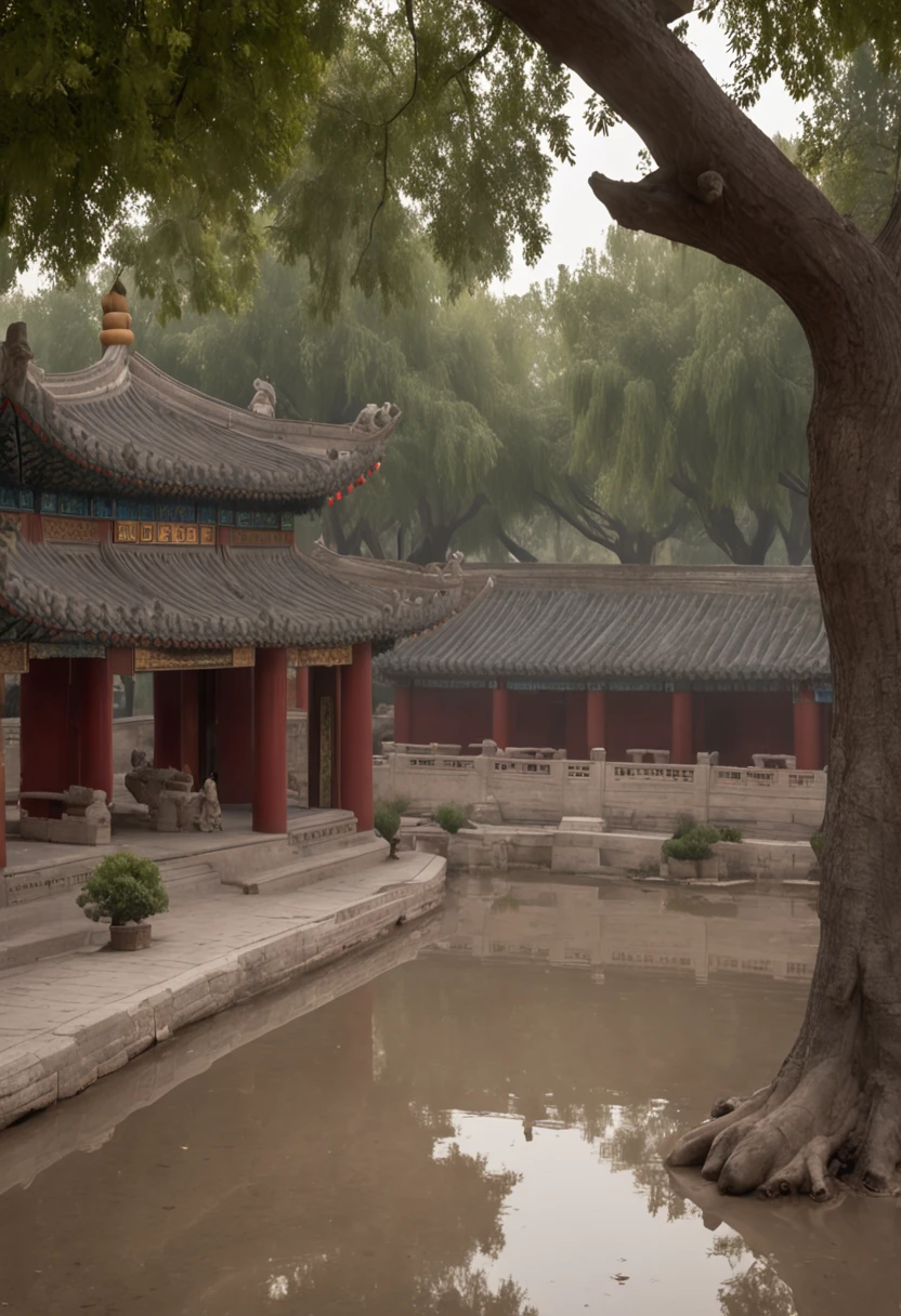 " Beautiful Luxurious city center in Beijing surrounded by a large park in the evening and with temples. The evening scene crowded with vegetation and details, chemin infiniment longue avec plusieurs ponts suspendus et pars. Misty atmosphere in the foreground in the street, des nuages fabuleux et duveteux. Several tourists walk in the background. Wet soil with blurred blurred reflection and movement. Camera seen from ground level, Real colors, Realistic style, 8k, Wide full-plane camera angle, Ultra detailded, High definition photography, Masterpiece, effet de bokeh, realistic depth of field Focal length 1/8 avec 35 mm. Ambience, atmosphere, rayons de soleil, luxuriant, detailed realistic lighting, volumettic light, golden hour. . "