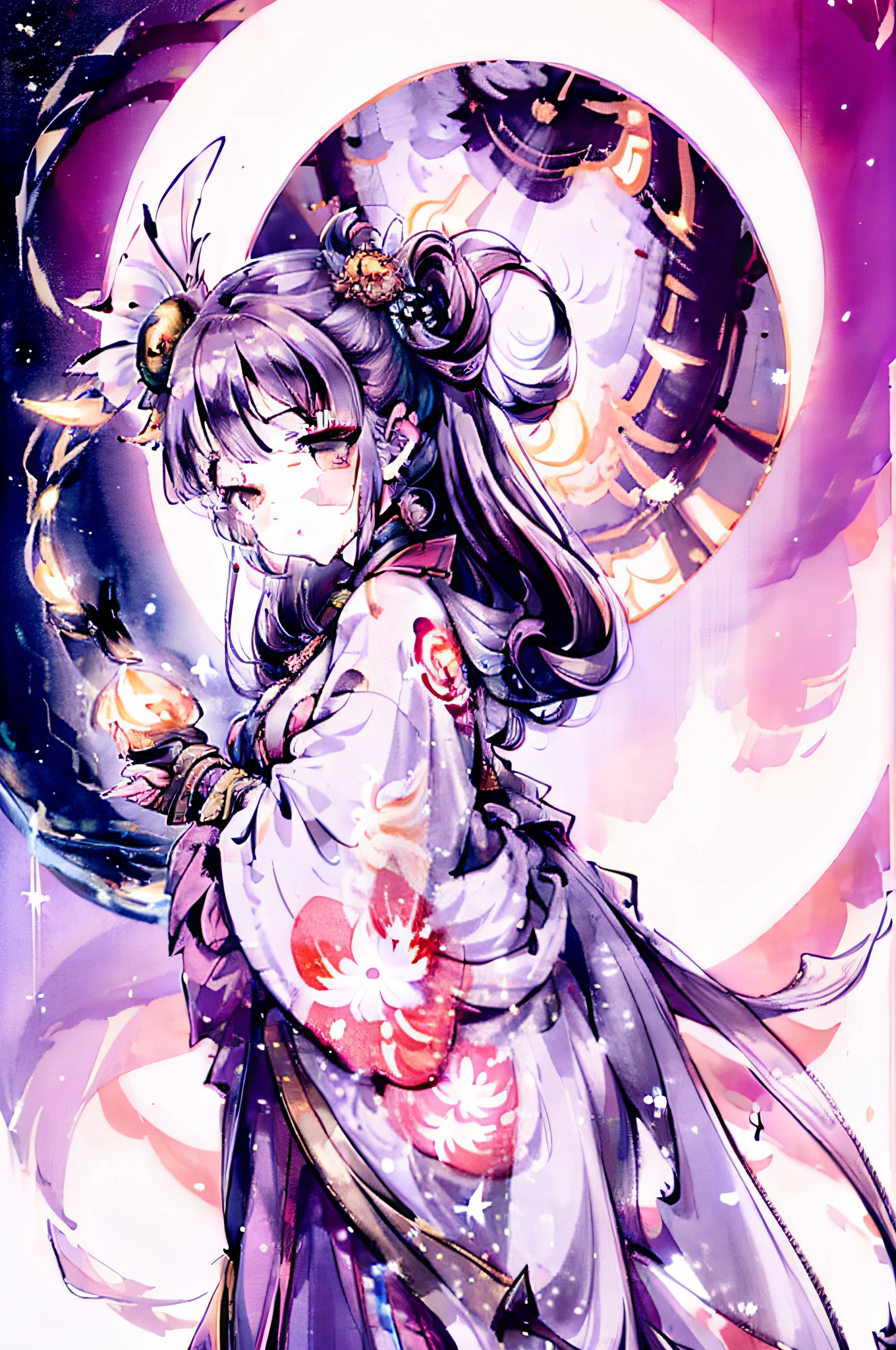 A majestic view of the moon, with 嫦娥 standing atop a crescent moon, surrounded by a halo of stars and a glowing lantern in her hand.