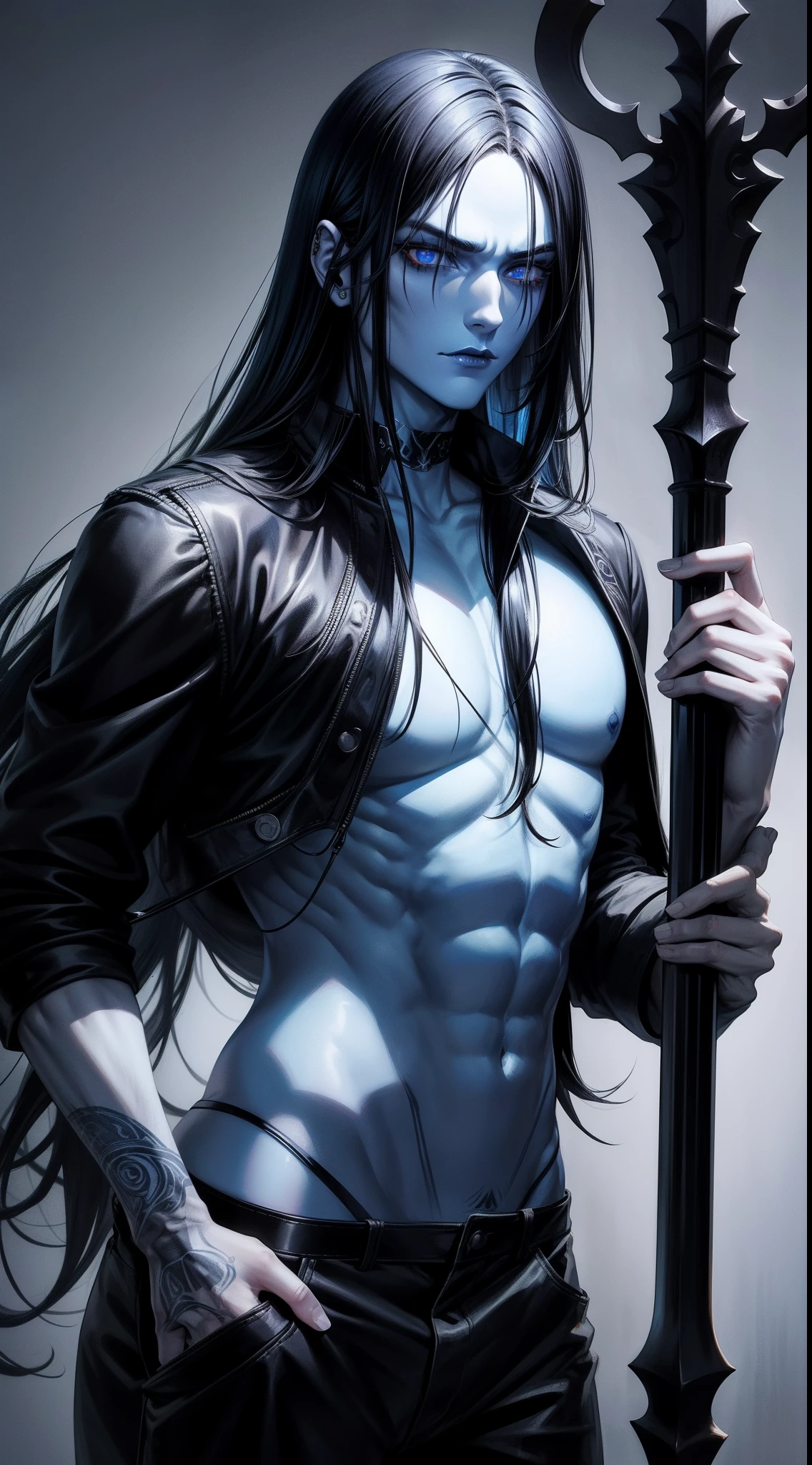 adult man, Long black hair, eyes without pupils, blue skin, Thin, open torso, Tatoo, Demon Pants, spear, emotionless look, blue lipstick, Masterpiece, hiquality