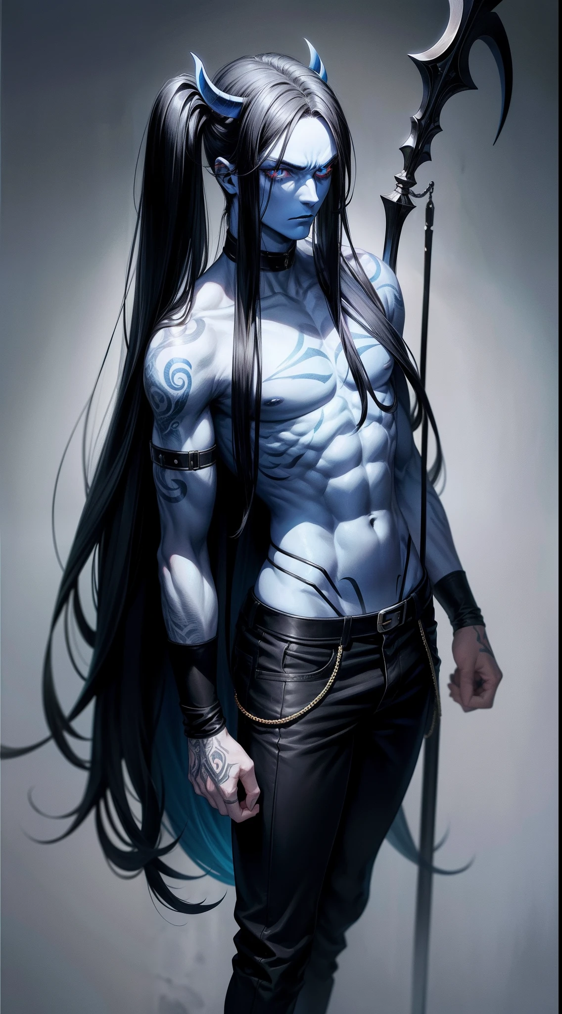 adult man, Long black hair, eyes without pupils, blue skin, Thin, open torso, Tatoo, Demon Pants, spear, emotionless look, blue lipstick, Masterpiece, hiquality