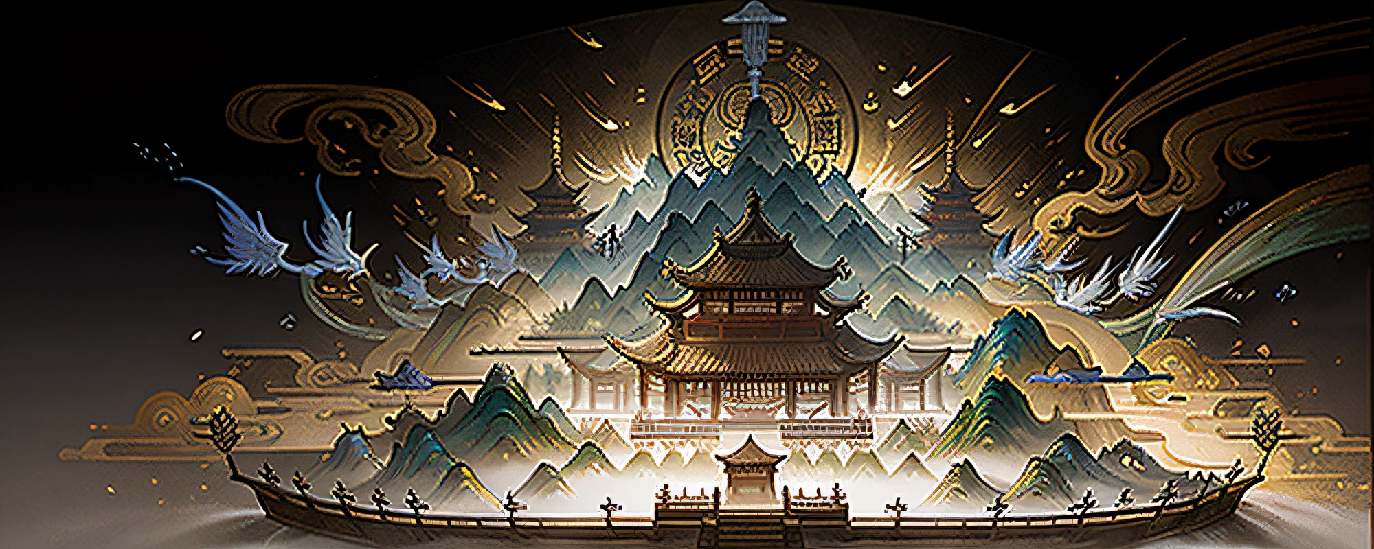 An ancient Chinese painting, ancient chinese background, mountain ranges, rios, Auspicious clouds, Pavilions, rays of sunshine, tmasterpiece, super detailing, Epic composition, hyper HD, high qulity, extremely detaile, offcial art, 统一 8k 壁纸, super detailing, 32k -- v 6,In the middle is a Chinese tower,It is surrounded by ancient Chinese villages,The height of the tower is much higher than that of the surrounding villages