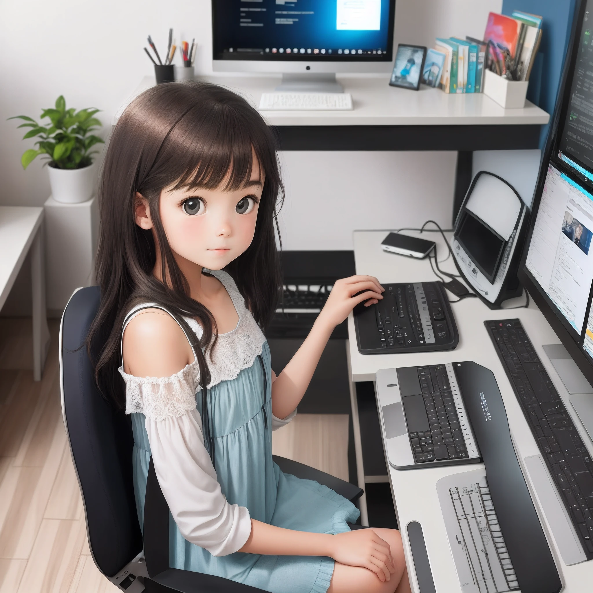 The girl sitting in front of the computer writes crystal medical on the screen of your desk. above. There is a Turkish flag, the girl is wearing a green dress