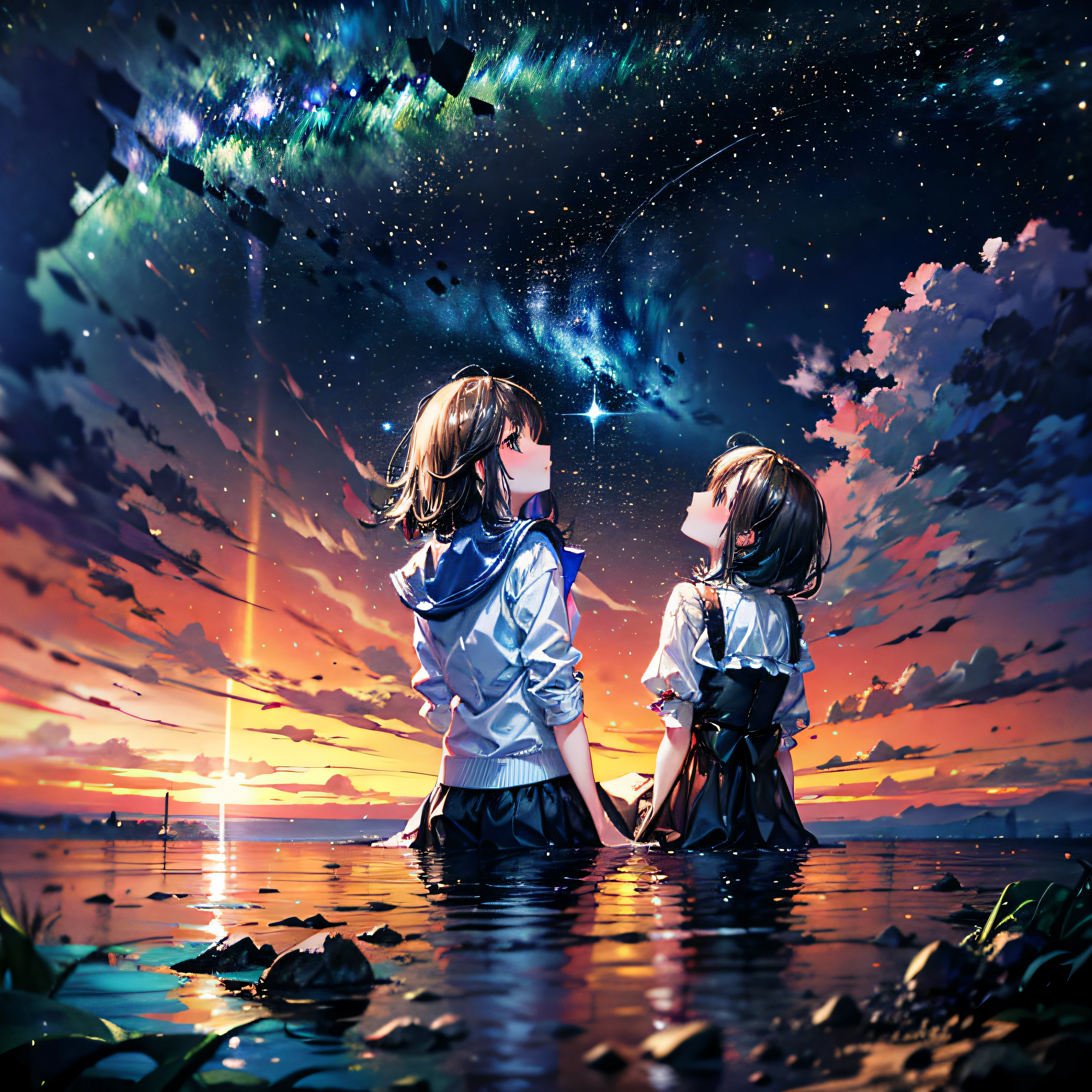 tmasterpiece,high qulity,A boy and a girl,The two sat on the scorched stone mountain by the sea,The two looked up at the starry sky,Deep starry sky,The sea reflects the starry sky,the night,