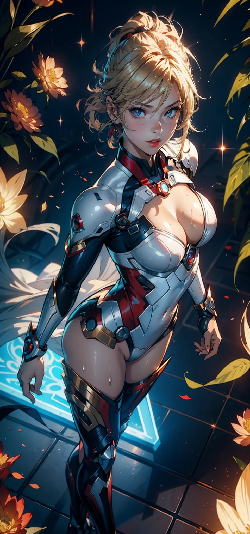 1female,36 years old,Bigchest,Raised sexy,Pornographic exposure, 独奏,(Background with:Surrounded by a sea of flowers,china rose,rosette,chrysanthemums) She has very short blonde hair,standing on your feet,Sweat profusely,drenched all over the body,seen from the front, hair straight, mostly cloudy sky,(((tmasterpiece),(Very detailed CG unity 8K wallpaper),best qualtiy,cinmatic lighting,detailed back ground,beatiful detailed eyes,Bright pupils,(Very fine and beautiful),(Beautiful and detailed eye description),Black eyes,Redlip,ultra - detailed,tmasterpiece,)),facing at camera,(The upper part of the body),A high resolution,ultra - detailed),revealing breasts,Bare genitalia, Bulge,legs are open,sexyposture,Camel toes,Flushed complexion,Open-mouthed,frontage,A ball head,Gold Saint Seiya,Lotus hair ornaments,Supergirl(Wearing:White transparent sex robe,Iron Man uniform)cyber punk style