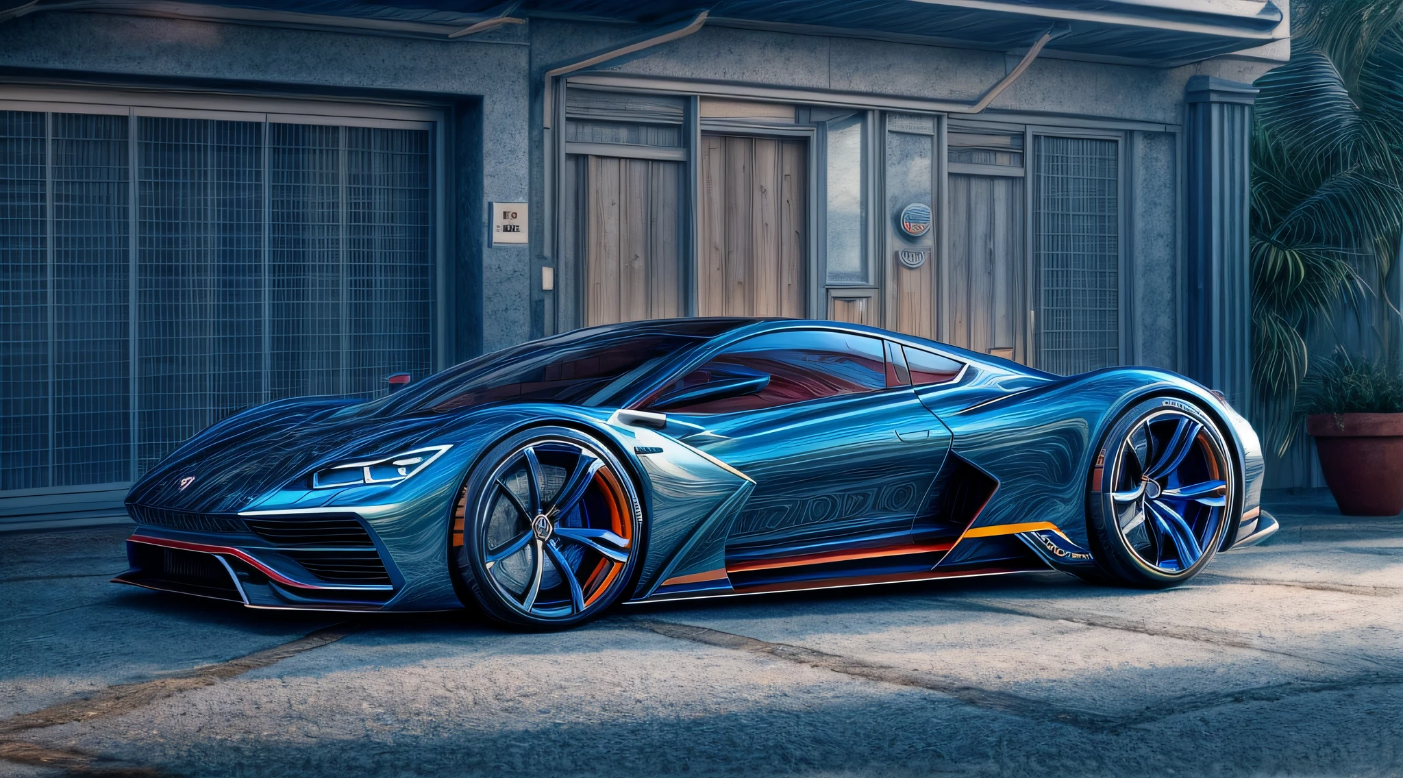An intricate image of a blue futuristic Volkswagen HyperCar based on ferraris design is parked by the garage, in the style of clean and streamlined, staining, i can't believe how beautiful this is, smooth and polished, gray, rounded, expansive --ar 3:2 --style raw , micro-details, photorealism, one light, dark photo, deep shadows, shallow depth of field, photorealistic, Surrealism, high quality, masterpiece, 8k, 8k, super detail,