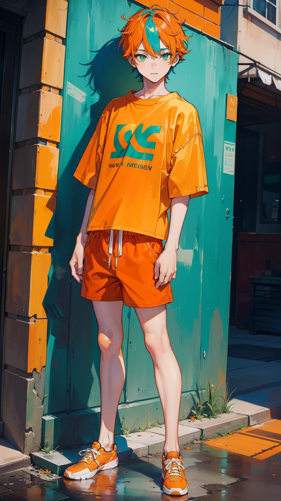 Teenage boy, (colored hair), beautiful, (street clothes, ((wearing shorts)), ((standing)), detailed, (colored hair), ((orange clothes)), (beautiful and with quality), (green eyes), ((full body image)), (((without socks)))