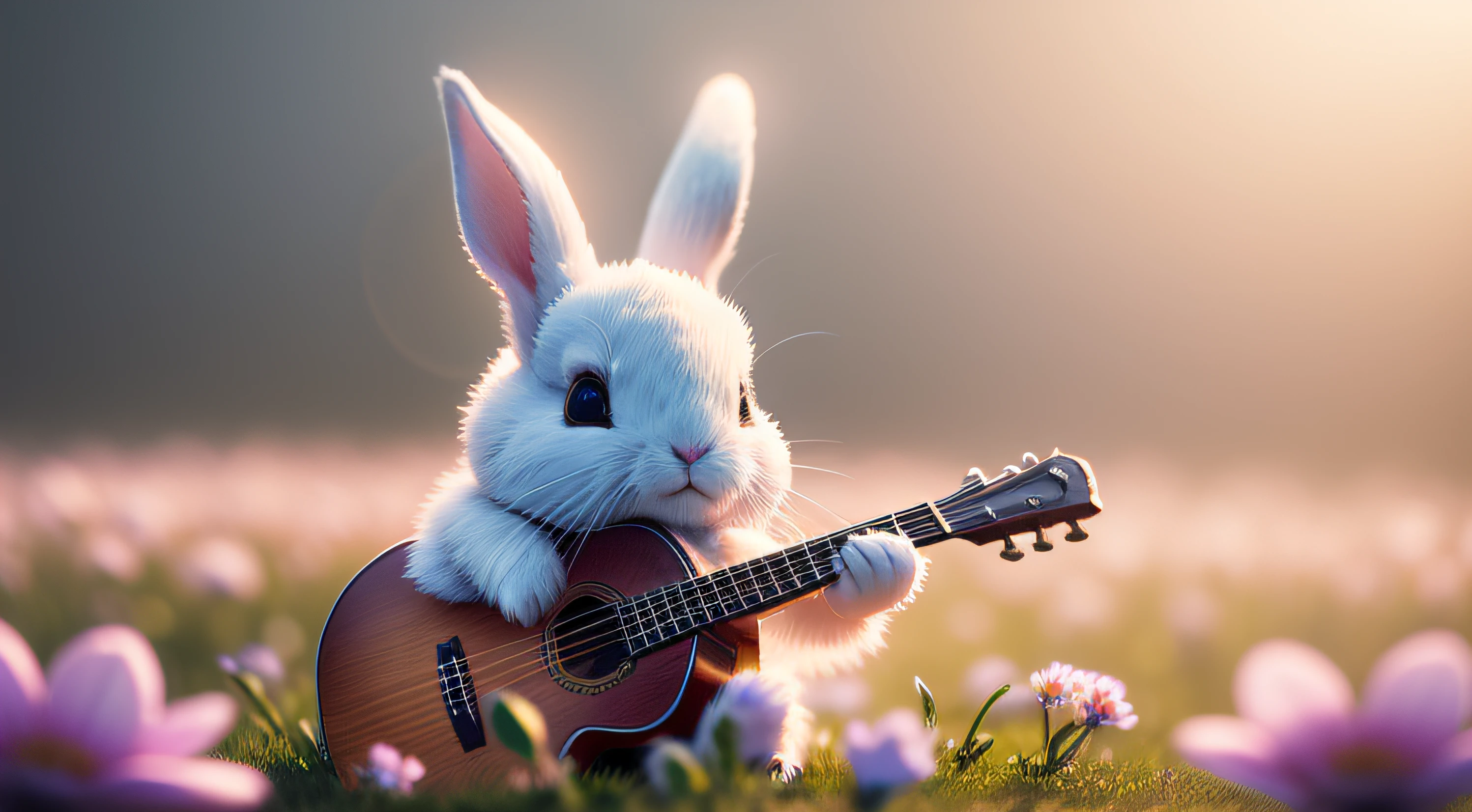 Close-up photo of little rabbit playing an instrument，macro，clean backdrop，depth of fields，largeaperture，photography of，volume fog，Halo，blooms，Dramatic atmosphere，Sunny morning