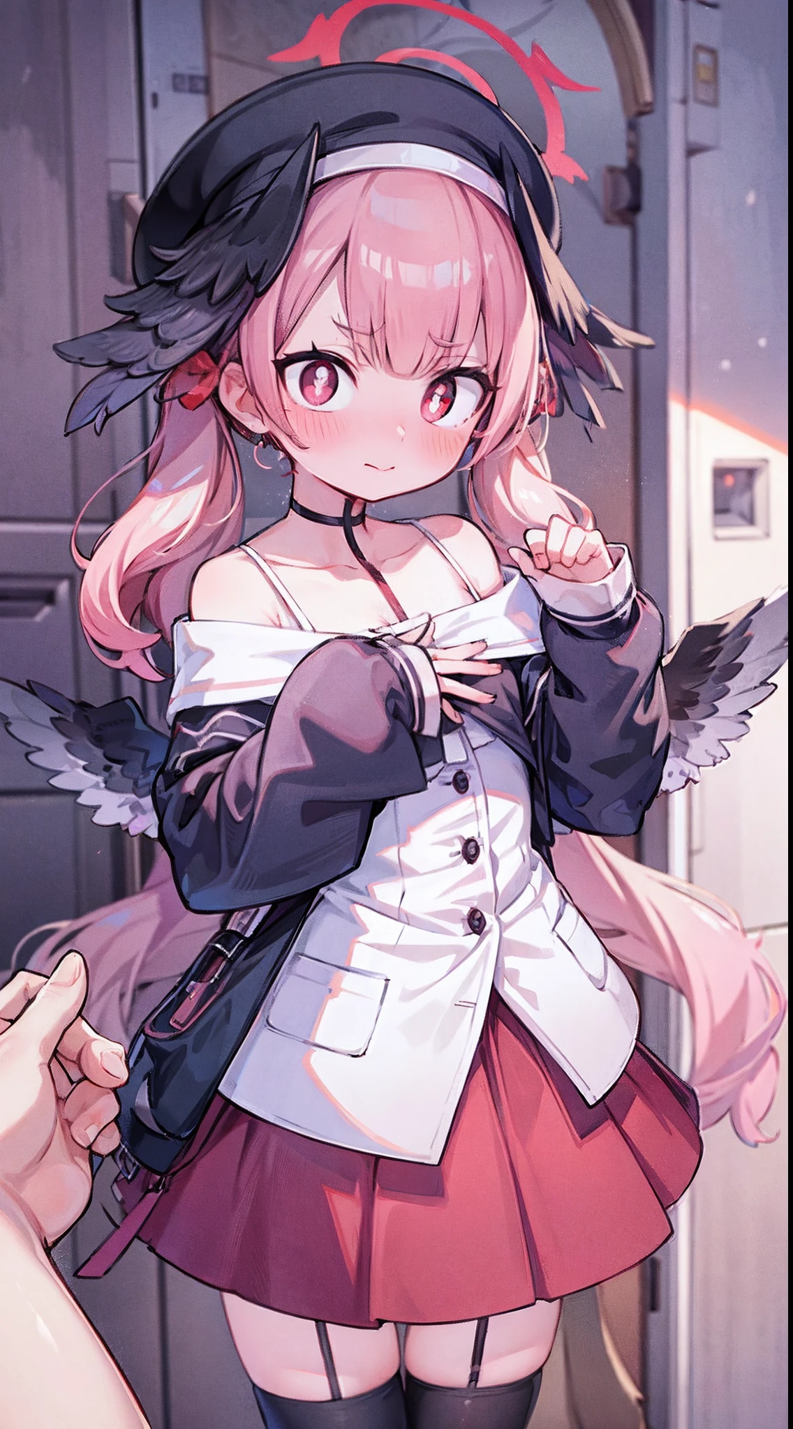 Chiaki nanami at a rave, looking at the viewer with an seductive smile, confident, nightclub, neon lights, pink short hair, pink eyes, bangs, e-girl outfit, (((Crop top, Oversized Sweater, Plaid Skirt, black Combat Boot, Winged Eyeliner, Heart-Shaped Stamp, Choker, Belt Chain))), 20 years old girl,Chiaki Nanami, Nanami Chiaki