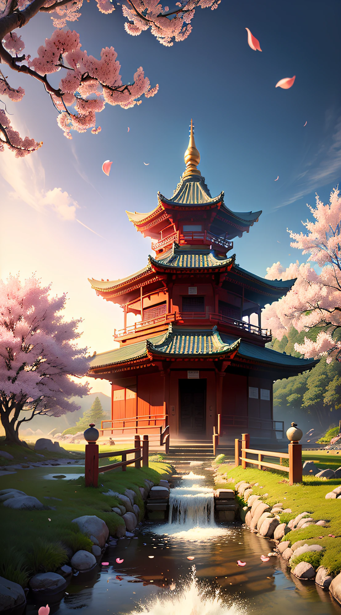 Spring peach blossoms，Temple on the mountain，small bridge flowing water，Floating petals in the air，in pink，Add details，Clarity enhancement，very high res，god light，