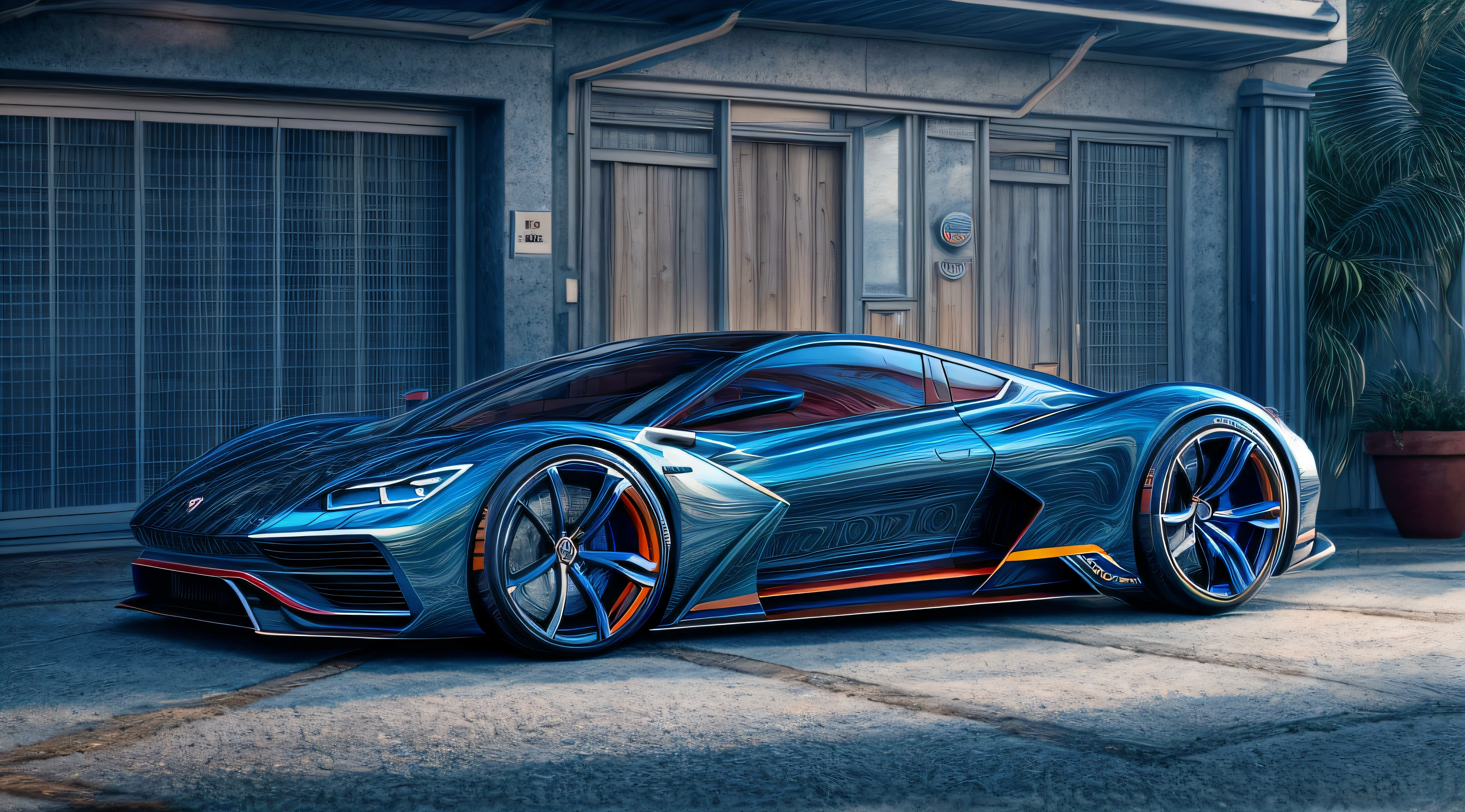 An intricate image of a blue futuristic Volkswagen HyperCar based on ferraris design is parked by the garage, in the style of clean and streamlined, staining, i can't believe how beautiful this is, smooth and polished, gray, rounded, expansive --ar 3:2 --style raw , micro-details, photorealism, one light, dark photo, deep shadows, shallow depth of field, photorealistic, Surrealism, high quality, masterpiece, 8k, 8k, super detail,