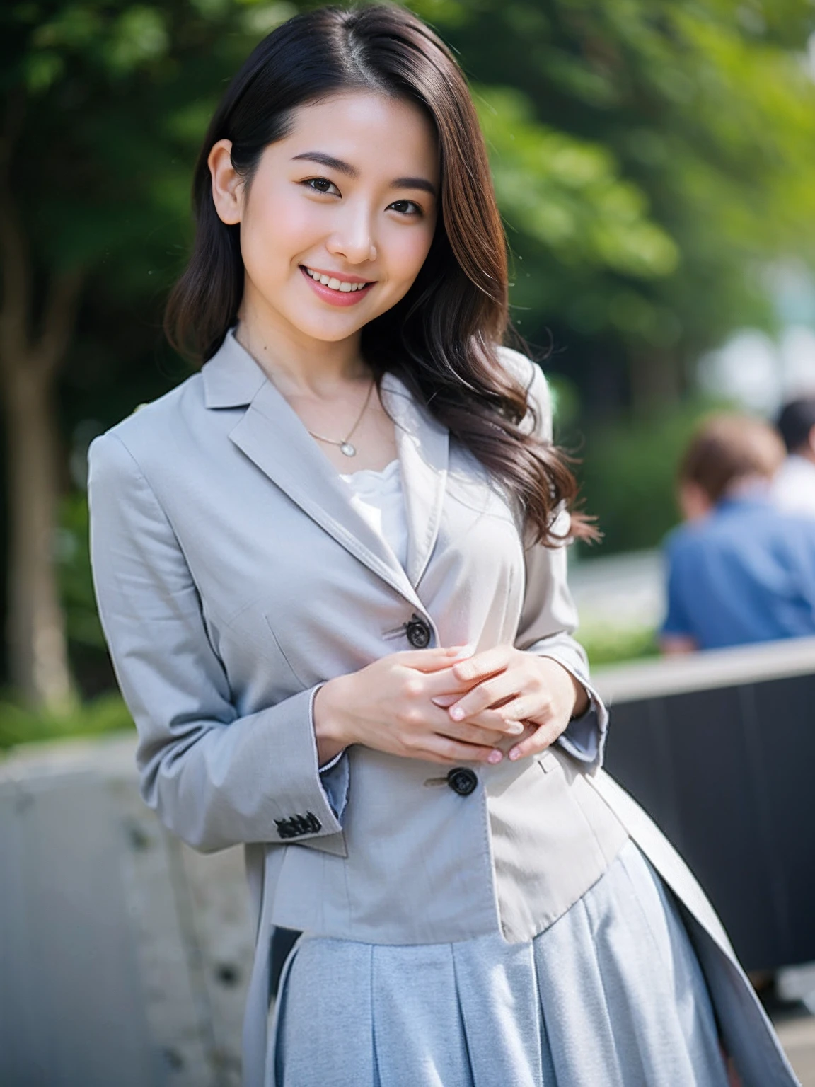 Wearing a gray business suit