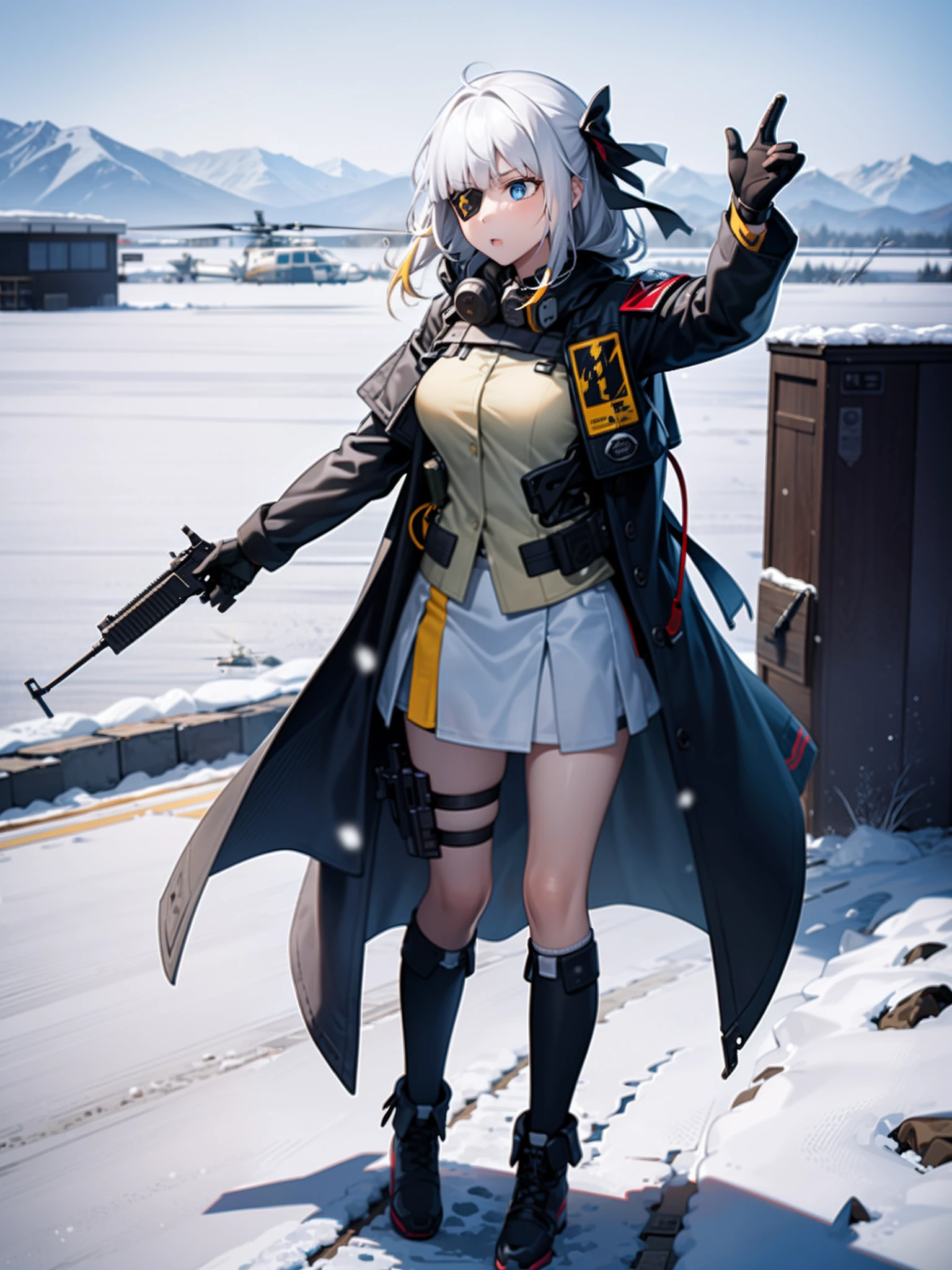 1girl, solo, white hair, M16, gun girl, special force, special operation, aiming at the enemy, ault rifle, white clothes, snow mountain, full body, background helicopter