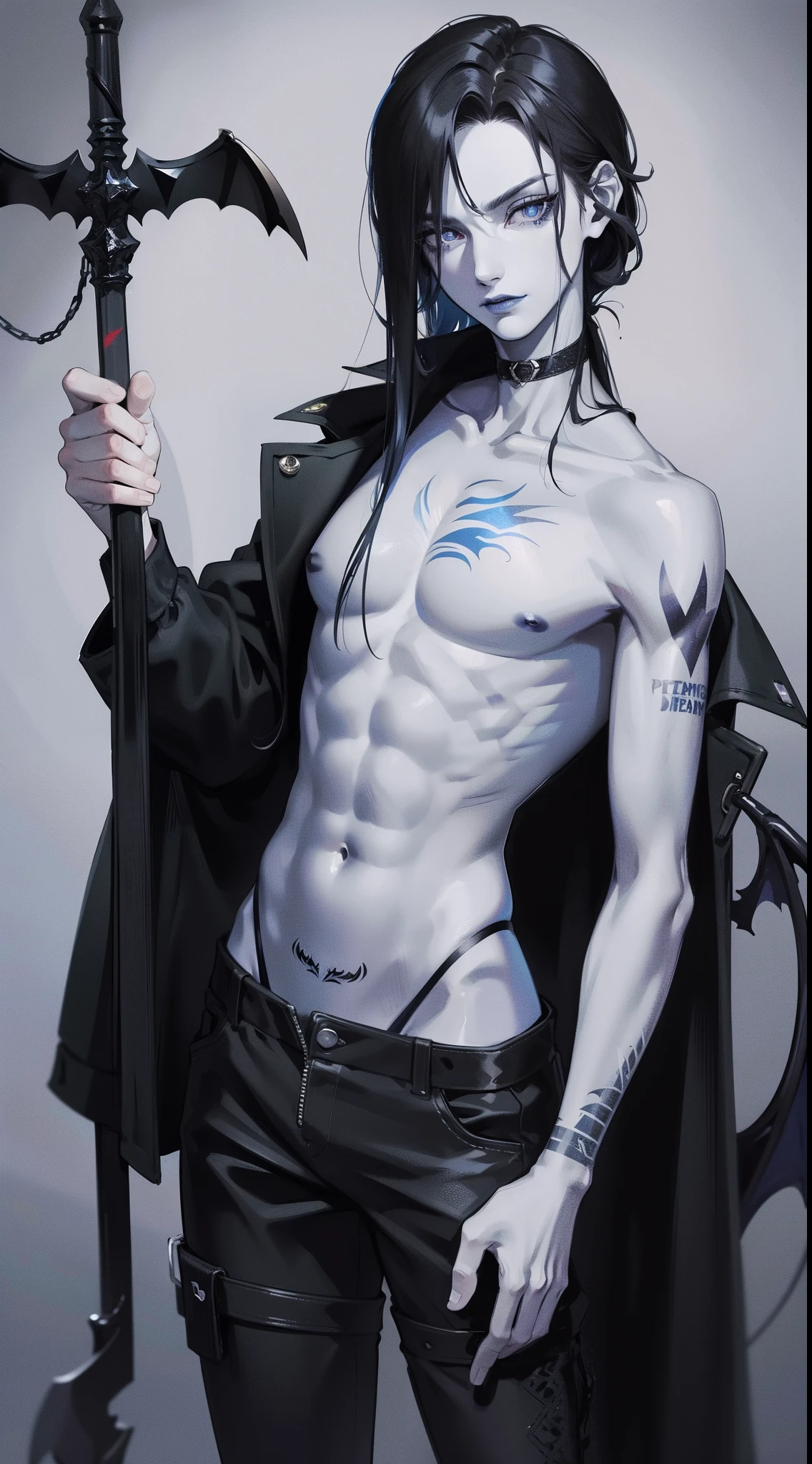 adult man, Long black hair, eyes without pupils, blue skin, Thin, open torso, Tatoo, Demon Pants, spear, emotionless look, blue lipstick, Masterpiece, hiquality