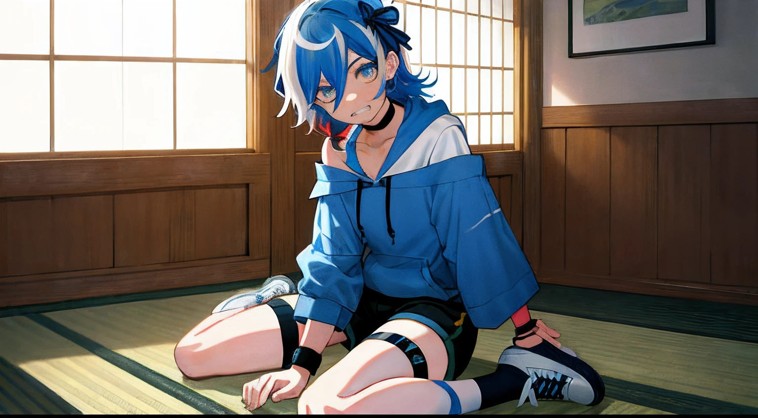 Dwarf pygmy slender, expressionless, looking up, cat eyes, triangular mouth, flushed cheeks, blue hair, short messy hair, amber eyes, black pupils, dark skin, sports bra, bottoms, leather gloves, short boots, belt, choker, bandage, hunched back, sitting on the floor, spreading his thighs, between his legs. lay hands on