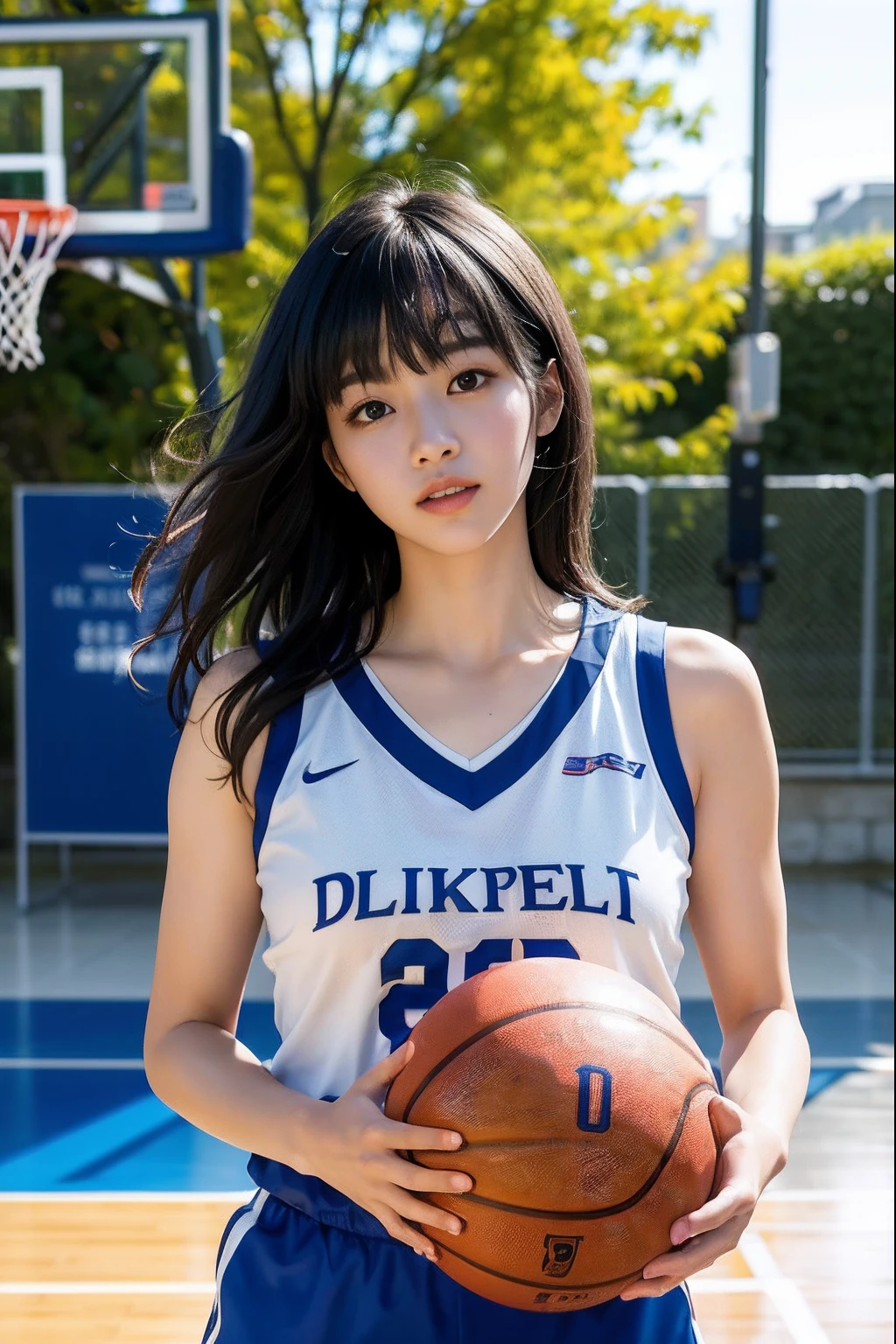 ( best quality, master piece:1.2),High resolution,8K,1 girl,delicate face,skin that looks real,dynamic light and shadow,sharp focus,Depth of bounds written,eyes are delicate,Realisticな生徒, playful expression, Wear a basketball uniform,(perfect breast body 1.1),Basketball Playground,Realistic, super detailed, (shiny skin), looking at the viewer,