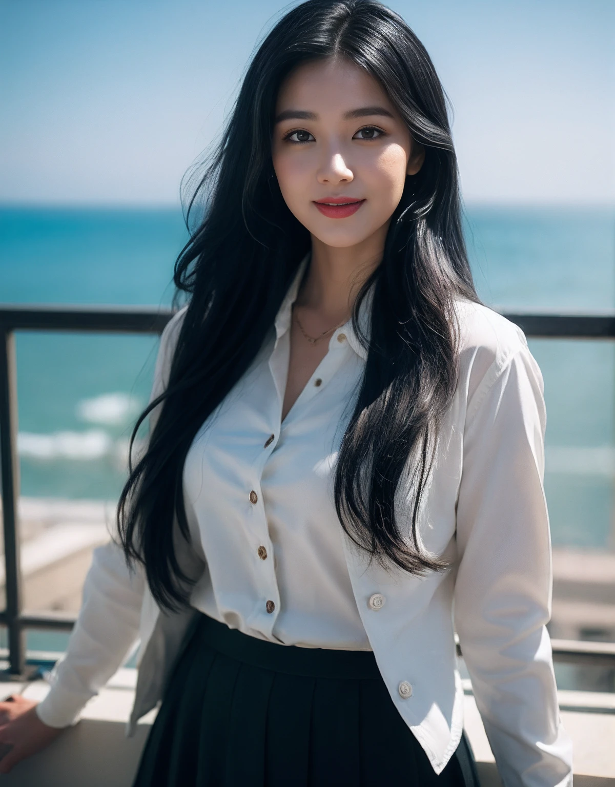 (RAW photogr:1.2),The highest quality, 超高分辨率, Slim waist, Lovely smile, Highly detailed faces, Detailed lips, finely quality eyes, 二重まぶた, Long black hair, Black-haired god, Top-notch terrace, next to the reflecting ocean, Cinematic shots,expansive cinematic view, Bright and cheerful atmosphere, Lovely eyes, (dress_shirt, croped_Jacket, Wrap_Skirt)