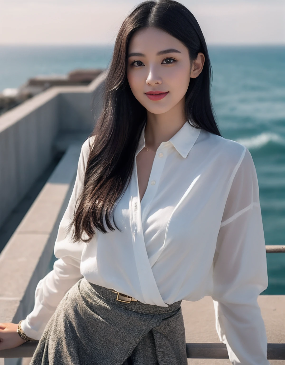 (RAW photogr:1.2),The highest quality, 超高分辨率, Slim waist, Lovely smile, Highly detailed faces, Detailed lips, finely quality eyes, 二重まぶた, Long black hair, Black-haired god, Top-notch terrace,  next to the reflecting ocean, Cinematic shots,expansive cinematic view, Bright and cheerful atmosphere, Lovely eyes, (dress_shirt, croped_Jacket, Wrap_Skirt)