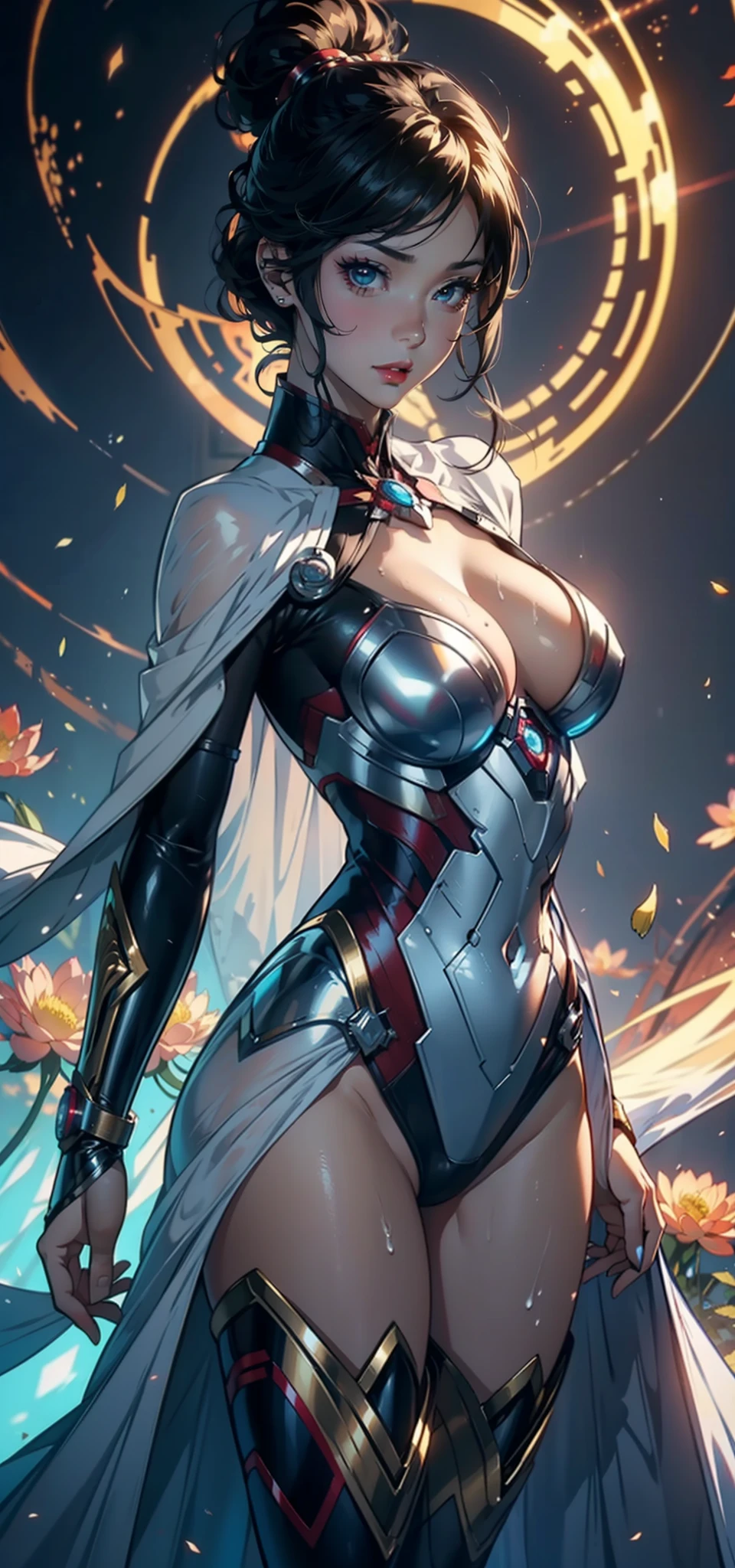 1female，36 years old，Bigchest，Raised sexy，Pornographic exposure， 独奏，（Background with：Surrounded by a sea of flowers，china rose，rosette，chrysanthemums） She has very short blonde hair，standing on your feet，Sweat profusely，drenched all over the body，seen from the front， hair straight， mostly cloudy sky，（（（tmasterpiece），（Very detailed CG unity 8K wallpaper），best qualtiy，cinmatic lighting，detailed back ground，beatiful detailed eyes，Bright pupils，（Very fine and beautiful），（Beautiful and detailed eye description），Black eyes，Redlip，ultra - detailed，tmasterpiece，）），facing at camera，（The upper part of the body），A high resolution，ultra - detailed），revealing breasts，Bare genitalia，  Bulge，legs are open，sexyposture，Camel toes，Flushed complexion，Open-mouthed，frontage，A ball head，Gold Saint Seiya，Lotus hair ornaments，wonder women（Wearing：White transparent sex robe，Iron Man uniform）cyber punk style