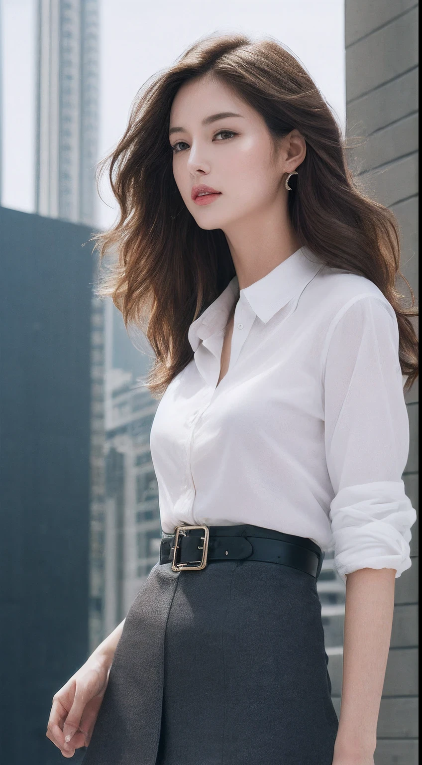 A woman in a white shirt and black skirt standing in front of a ...