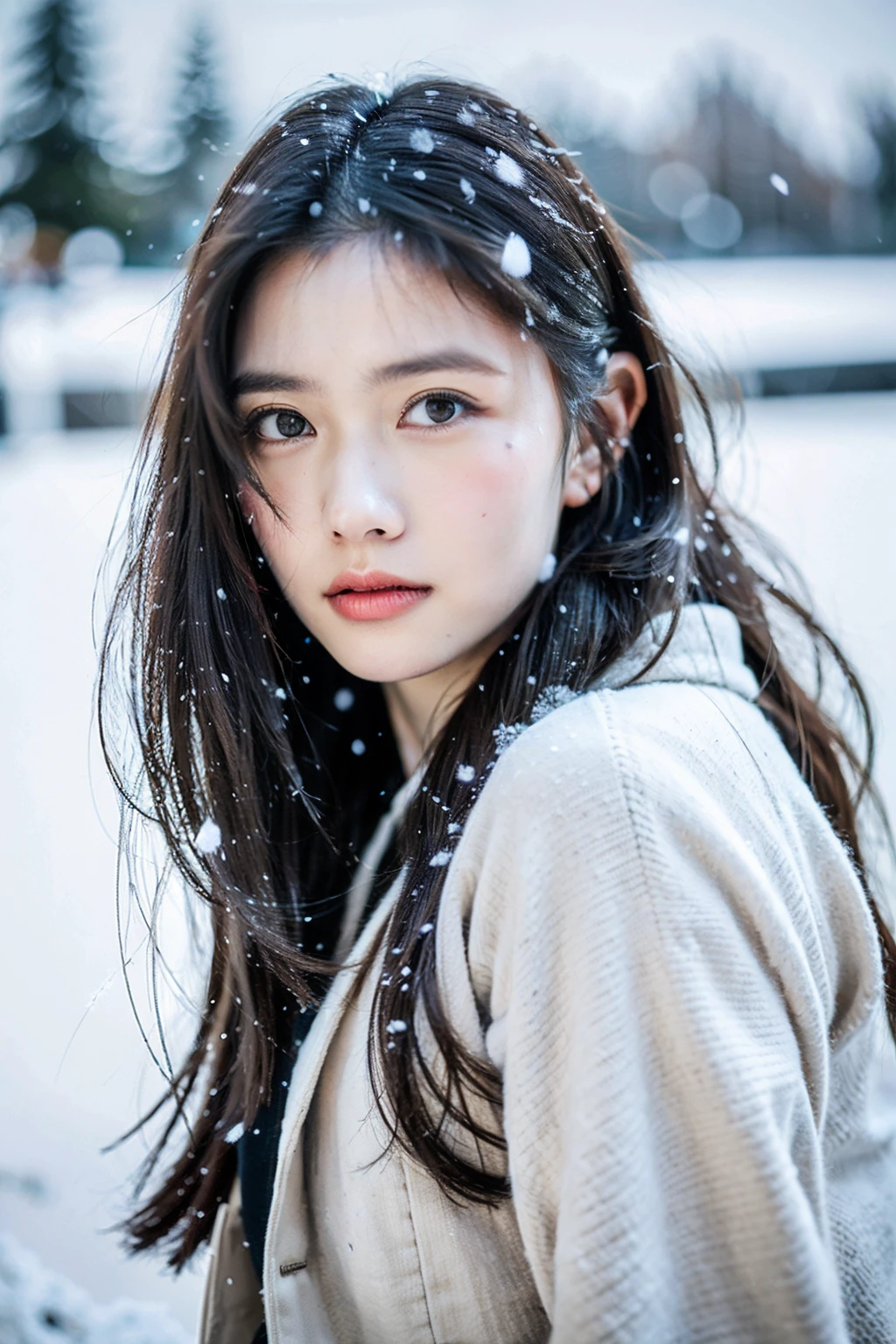 (8k, best quality, masterpiece, ultra highres:1.2) Photo of Pretty Japanese woman
 in the (style of paul rubens and rebecca guay:1.1) (melancholy winter snow:1.4)