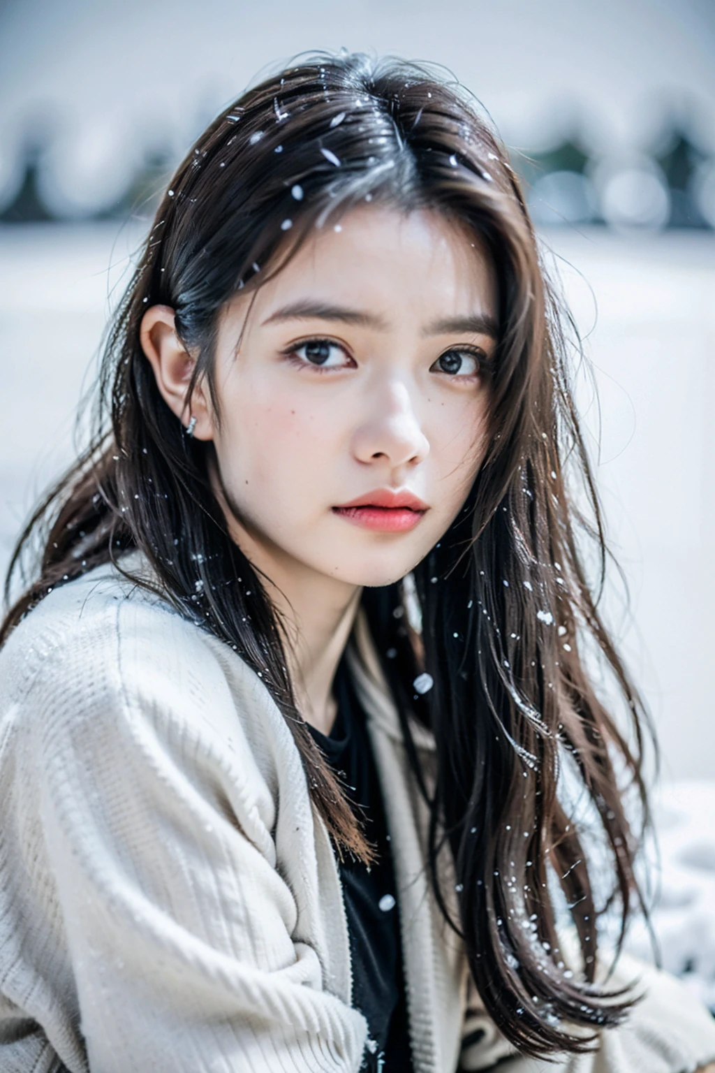 (8k, best quality, masterpiece, ultra highres:1.2) Photo of Pretty Japanese woman
 in the (style of paul rubens and rebecca guay:1.1) (melancholy winter snow:1.4)