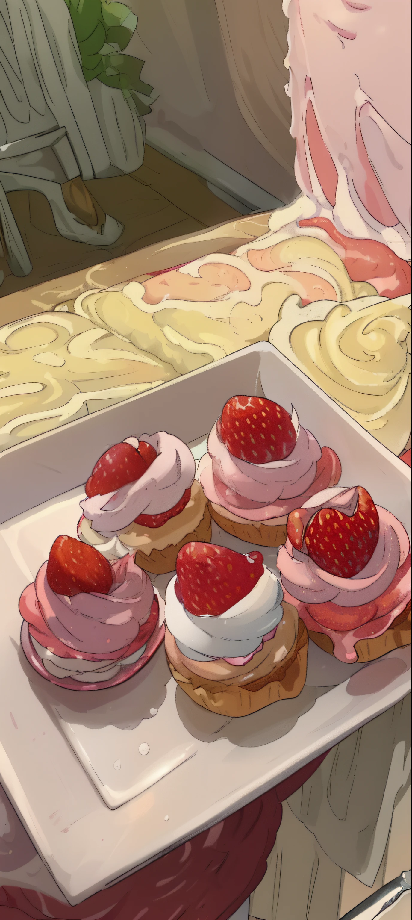 there are four pastries on a plate with strawberries on them, pastry, pastries, whipped cream on top, 🎀 🗡 🍓 🧚, recipe, whipped cream, dessert, snacks, yummy, next to sliced strawberries, desserts, 🎀 🧟 🍓 🧚, lowres, sweets, 8k)), 1x, by Romain brook, food, #, cooked