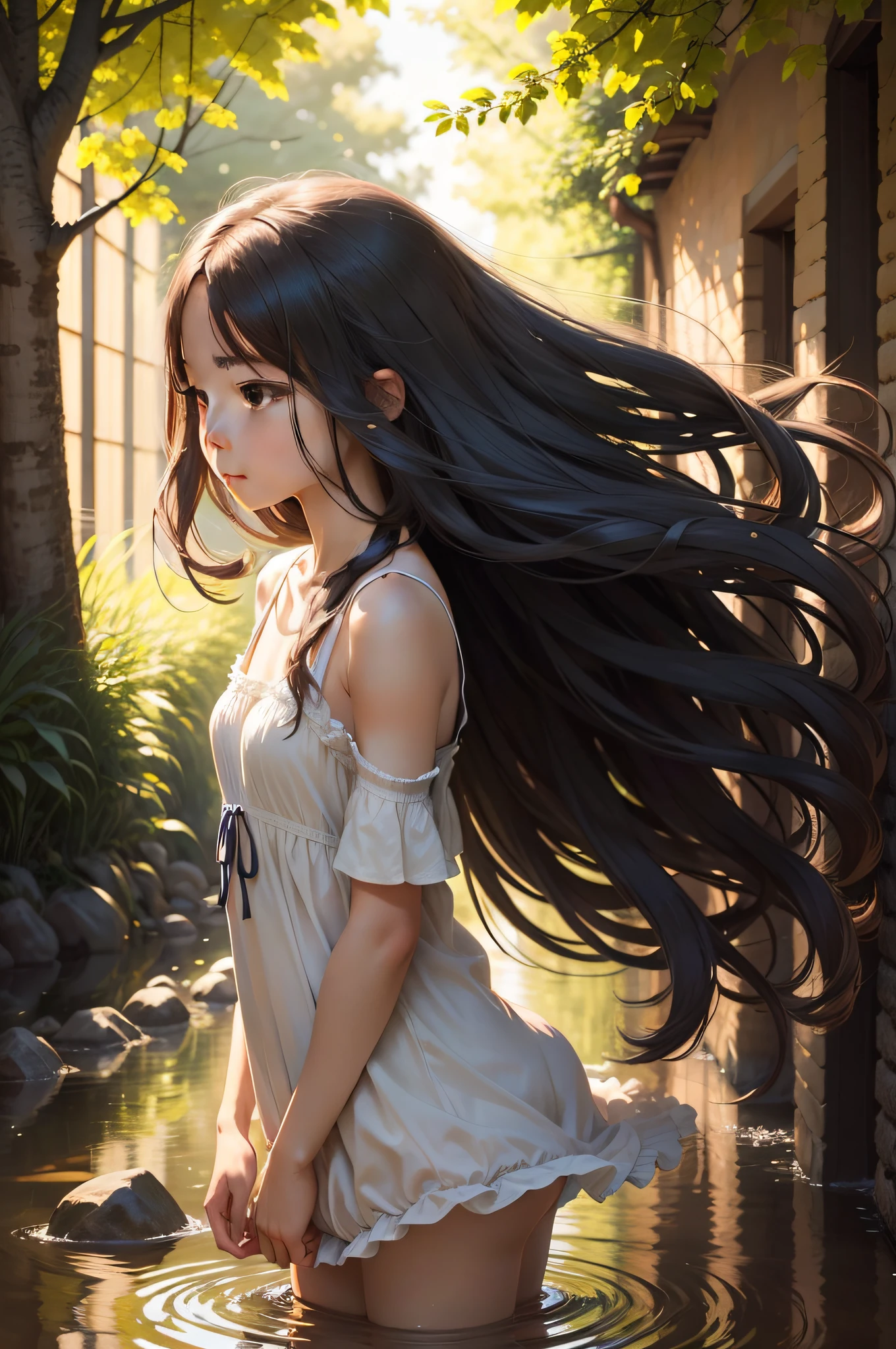 The girl has long, smooth hair like a small stream, always appearing vibrant but equally gentle when the sun shines through to create shade. Her pretty little shoulders always carry a pure soul, like soft music blowing through the air.