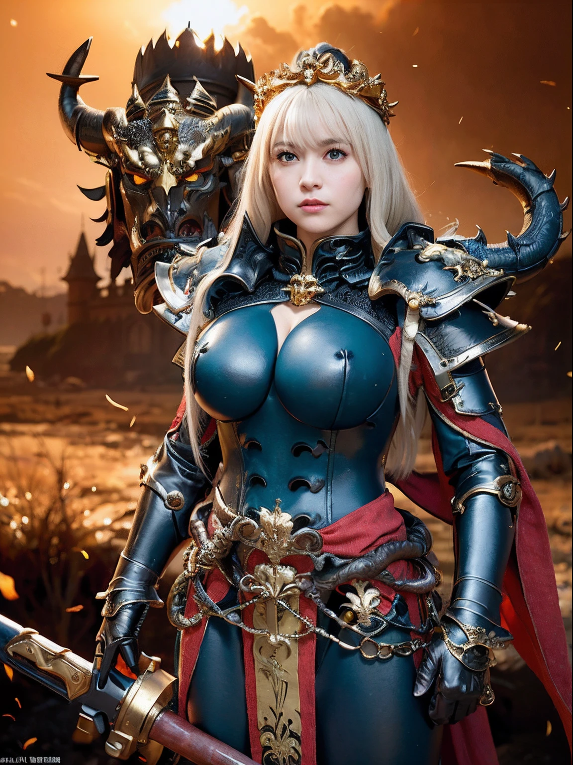 (masutepiece), Professional , ​masterpiece、top-quality、photos realistic , depth of fields 、（Dragon Black Metal Body:1.９),(Matte Blue Black、（cleavage of the breast）、Dragon Gold Weapon（Dragon Metal Body:1.４),Gorgeous gold weapons ,（（ Dragon's dense and gorgeous sword）） , （demonic wings）   ,warhammer 40k , adepta sororitas,Detail and gorgeous crown、（（a blond））、（Castle background）、（（Gangle's forest background））、Beautiful Caucasian beauty、１a person、dynamic ungle,(((Detailed and ornate dragon helmet)))、Smaller head、A smile、Castle background、Thin and beautiful female hands、cleavage of the breast、Soldier in iron armor on background、Mystical expression、Light Effects、intense fighting、Wind-effect、magic circles、With the legendary magic wand、Dragon's tail、