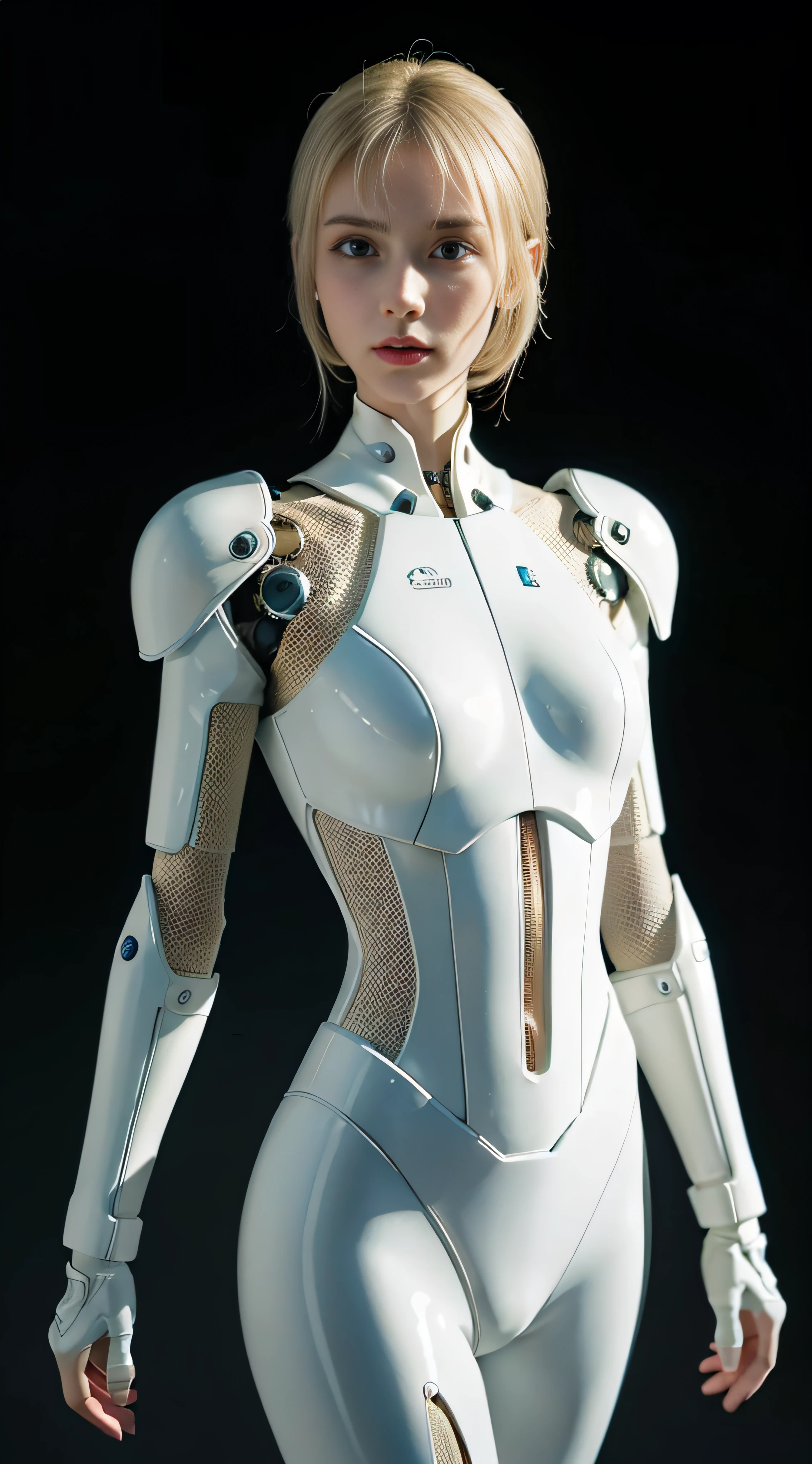 Mechanical girl, dressed person (white beige old plastic) Make complex creatures, luminescent machines, cyborgs, armor pose, whole body, simple background, best quality, highest resolution, master works, perfect face, exquisite features, extremely detailed, full HD, Golden ratio, 8K