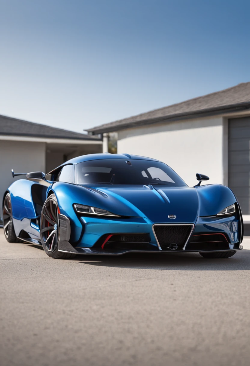 An intricate image of a blue futuristic Volkswagen HyperCar based on ferraris design is parked by the garage, in the style of clean and streamlined, staining, i can't believe how beautiful this is, smooth and polished, gray, rounded, expansive --ar 3:2 --style raw , micro-details, photorealism, one light, dark photo, deep shadows, shallow depth of field, photorealistic, Surrealism, high quality, masterpiece, 8k, 8k, super detail,