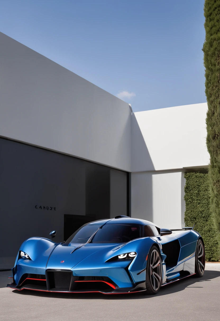 An intricate image of a blue futuristic Volkswagen HyperCar based on ferraris design is parked by the garage, in the style of clean and streamlined, staining, i can't believe how beautiful this is, smooth and polished, gray, rounded, expansive --ar 3:2 --style raw , micro-details, photorealism, one light, dark photo, deep shadows, shallow depth of field, photorealistic, Surrealism, high quality, masterpiece, 8k, 8k, super detail,