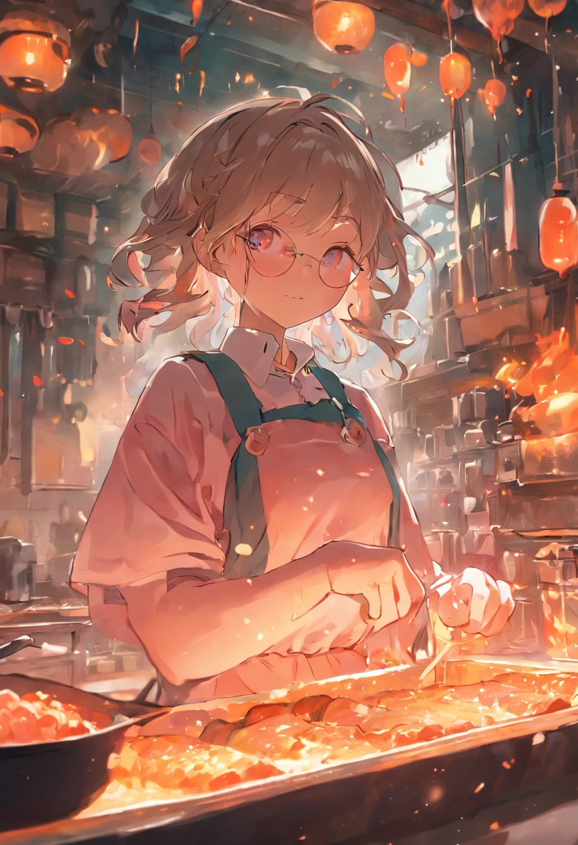 Girl with glasses in the kitchen, Slightly fat, Round face, Short, Surrounded by food, lofi-girl, anime visual of a cute girl,