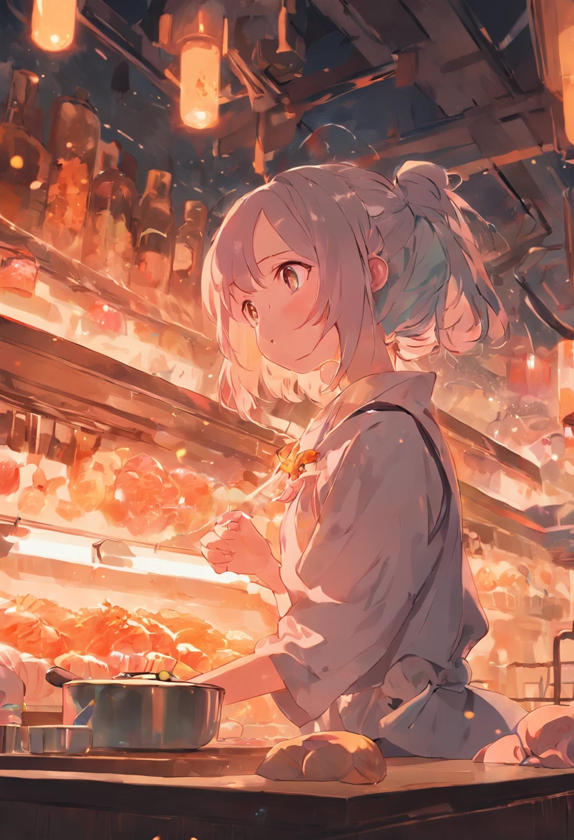 Girl with glasses in the kitchen, Slightly fat, Round face, Short, Surrounded by food, lofi-girl, anime visual of a cute girl,