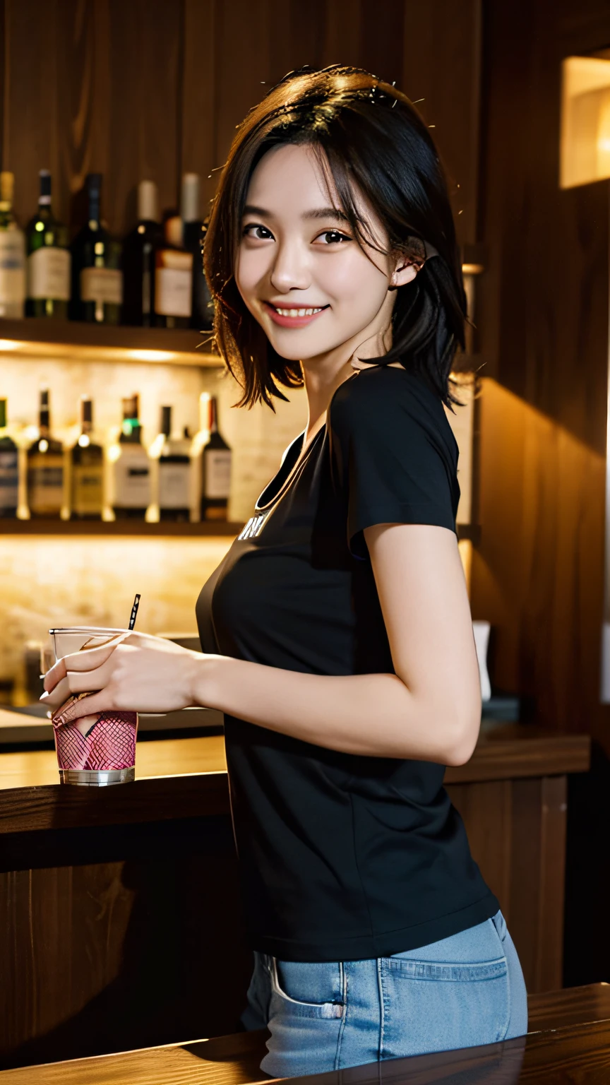 Shake the shaker at the bar counter、a black T-shirt、a smile