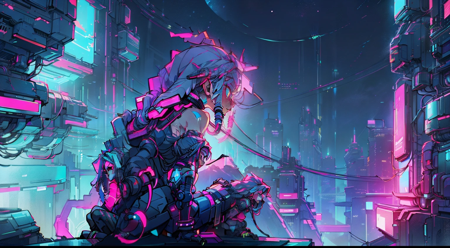Cyberpunk female sitting on roof top staring out into cyberpunk japanese city, back side view of female, vaporwave dark city and neon lights. Female is dressed in futuristic clothing with long dreadlocks, dreadlocked hair. Background has mountains and moon, illustrated hand drawn vector style, stars and moon in sky