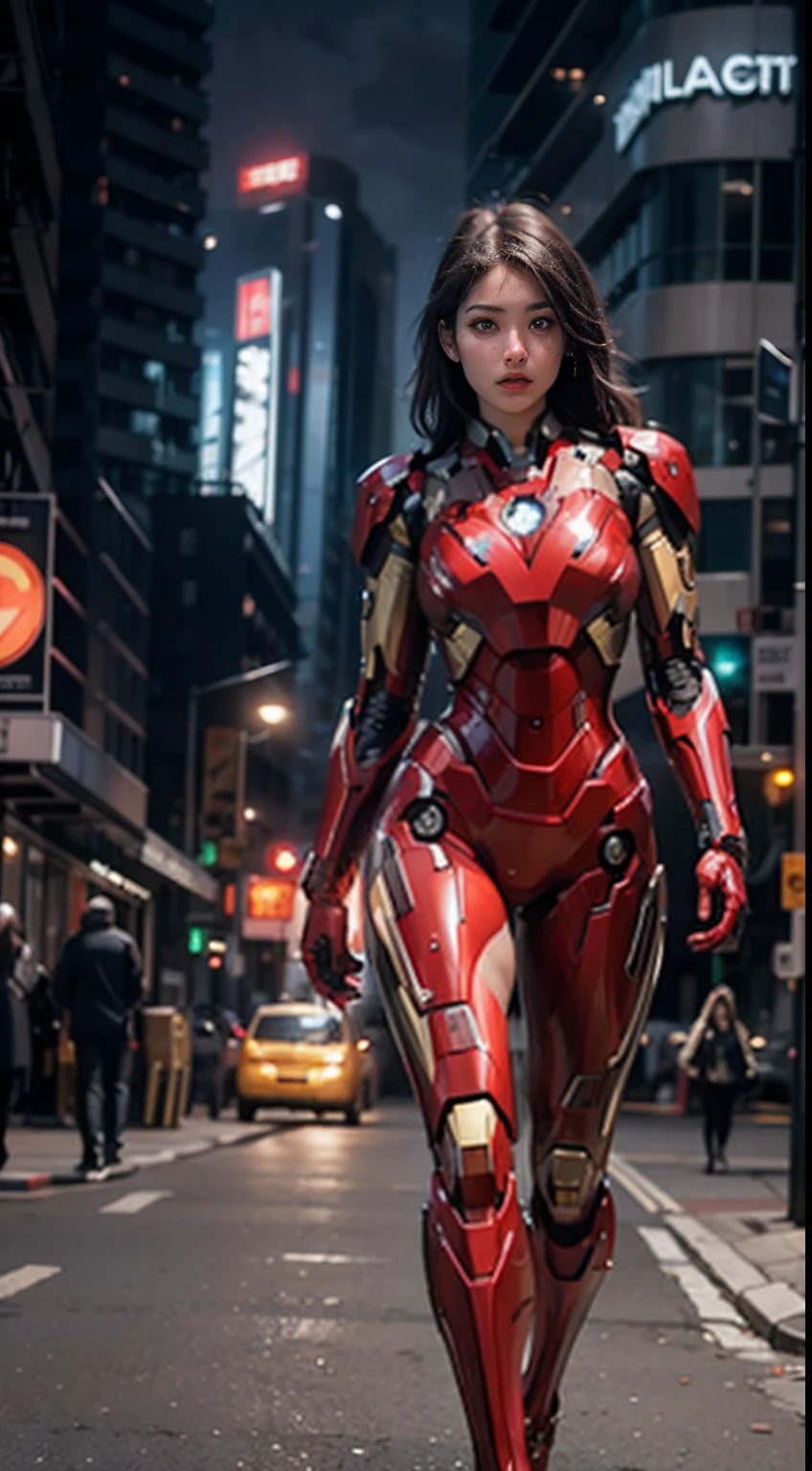 8K, Realistic, Attractive, Highly detailed, A 20 year old girl, a sexy and attractive woman，inspired by Iron Man，Wearing a shiny Iron Man mech. She dresses sexy and confident, A perfect interpretation of the power and charm of Iron Man. In a cyberpunk-style night view of the city, Sexy and charming woman with the theme of Iron Man's cosplay. Wearing a shiny Iron Man mech, She stood on a street lined with tall buildings. The night lights of the city are bright, Reflect on her mech, Add a sense of futuristic technology. The surrounding buildings and streets are full of cyberpunk elements, Like neon lights, High-tech equipment and futuristic architectural design. The whole scene is full of futuristic and sci-fi atmosphere. This HD, High-quality graphics will give you amazing visual enjoyment, The perfect combination of sexiness, Futuristic and sci-fi elements. oc rendered, Dramatic lighting, Award-winning quality