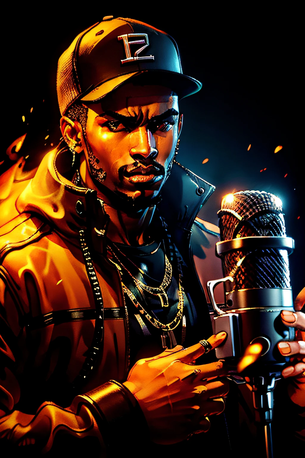 A rapper holds a microphone