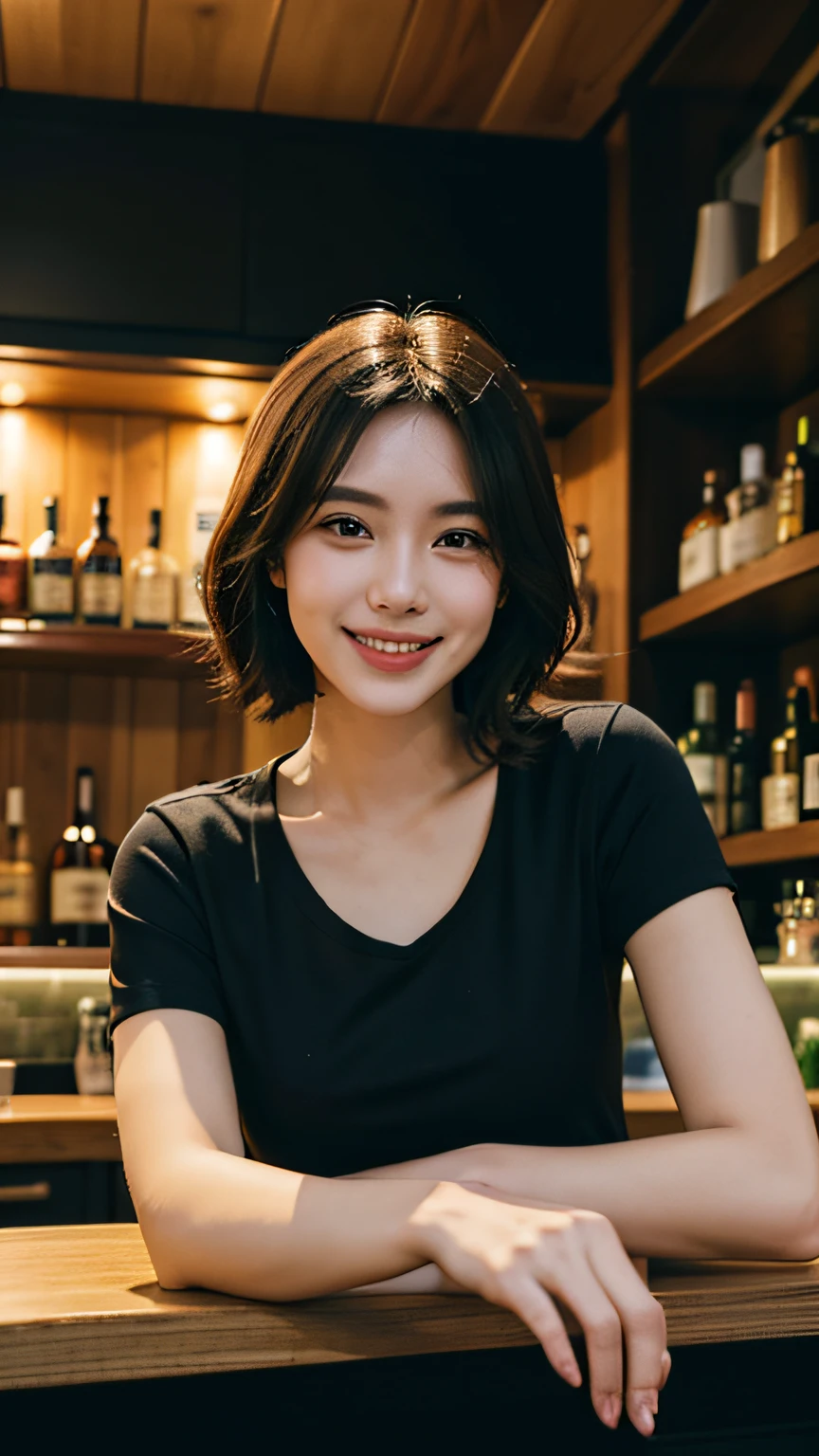 Shake the shaker at the bar counter、a black T-shirt、a smile