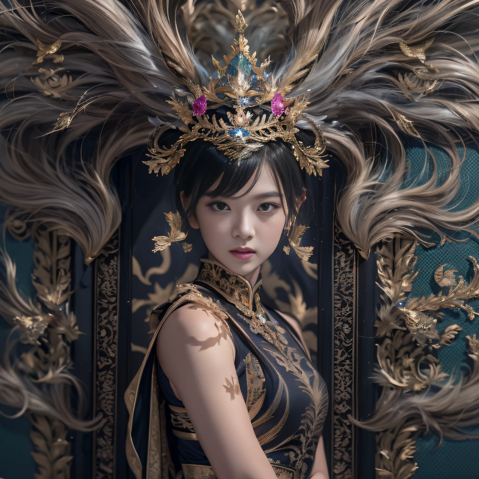 32K（tmasterpiece，k hd，hyper HD，16k）with short black hair，Vintage train in the back room，Black burgundian hair girl ，Golden Dragon Protector （realisticlying：1.4），Python robe，Purple-pink tiara，Snowflakes fluttering，The background is pure， A high resolution， the detail， RAW photogr， Sharp Re， Nikon D850 Film Stock Photo by Jefferies Lee 4 Kodak Portra 400 Camera F1.6 shots, Rich colors, ultra-realistic vivid textures, Dramatic lighting, Unreal Engine Art Station Trend, cinestir 800，Close-up of the side of the half