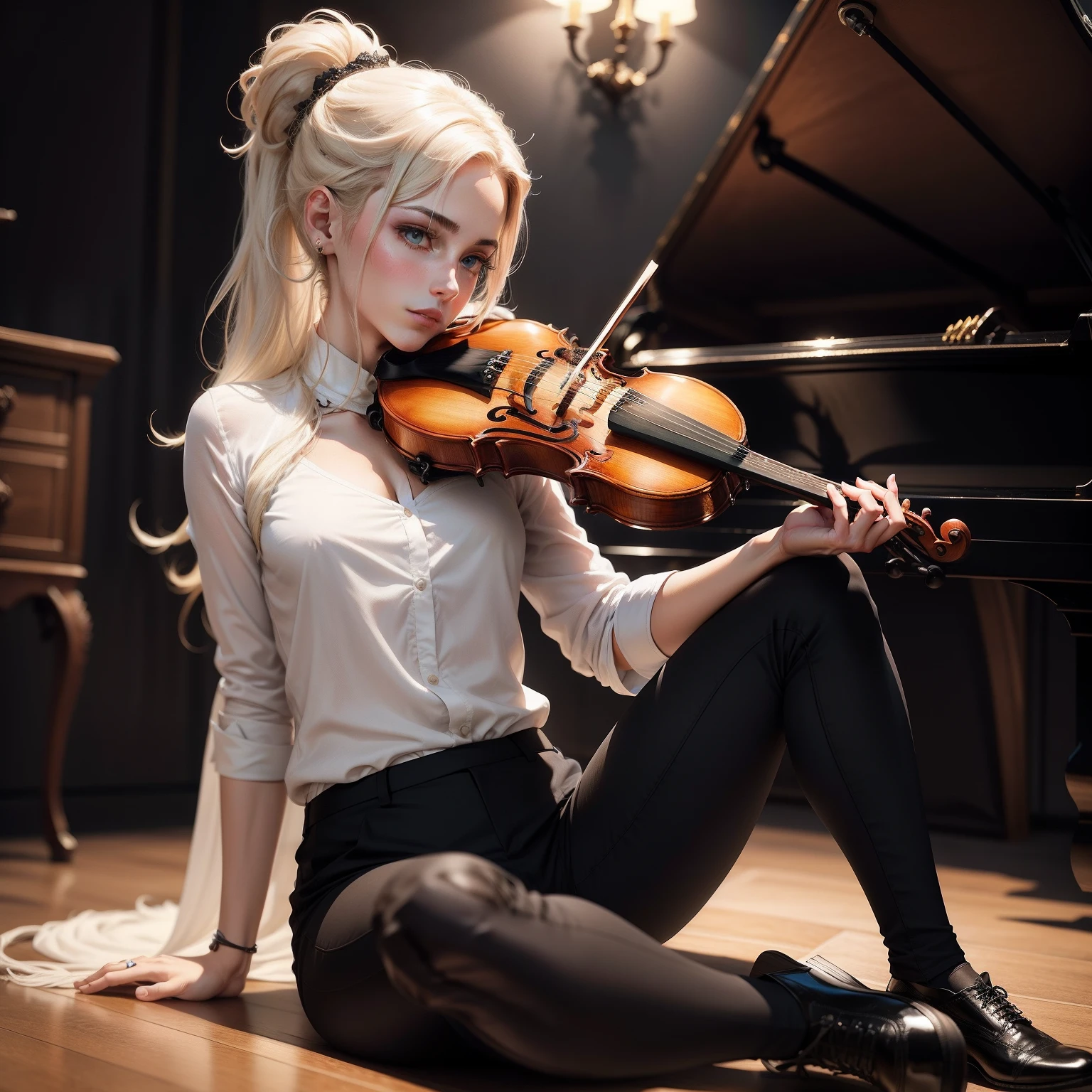 Por favor, Generate a description of a female character playing the violin. She is a talented 25-year-old violinist, com cabelos castanhos compridos e olhos verdes expressivos. She has a modest and professional appearance, usando roupas fechadas e sem sensualidade. Ela veste uma blusa de mangas compridas em tom neutro, black pants and closed shoes. His posture is elegant and concentrated, com os ombros retos e olhos fixos nas partituras. His expression is serene and passionate about the music he plays. Por favor, descreva-a com detalhes, emphasizing a look suitable for a respectable and professional musical performance, without any sensual connotation.